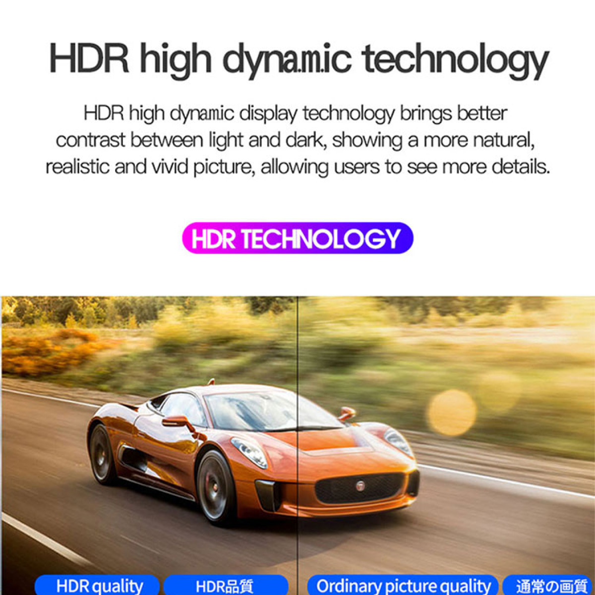 Grafika technologii HDR ze zdjęciem samochodu. Tekst: Technologia wysokiej dynamiki HDR.