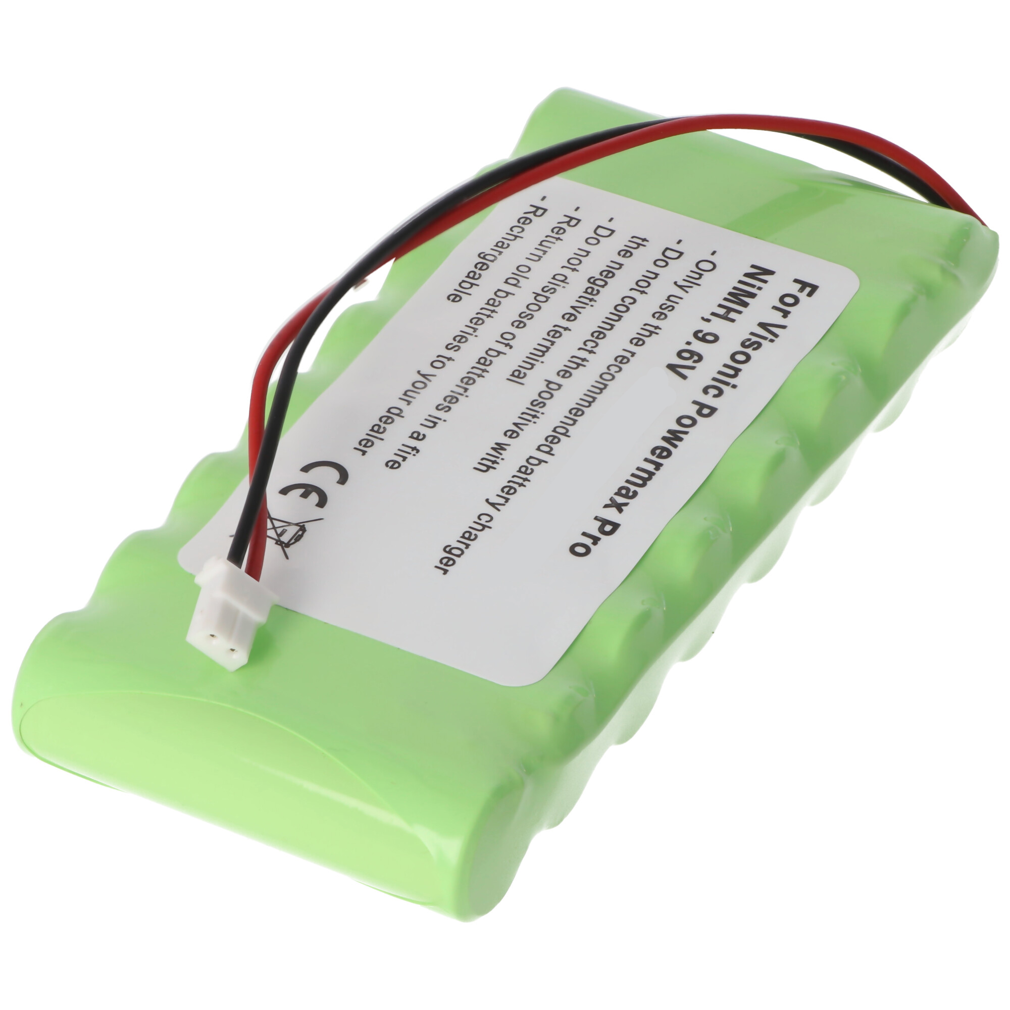 Un pacco batterie verde con un'etichetta che dice 'NiMH 9.6V' e avvertenze sullo smaltimento.