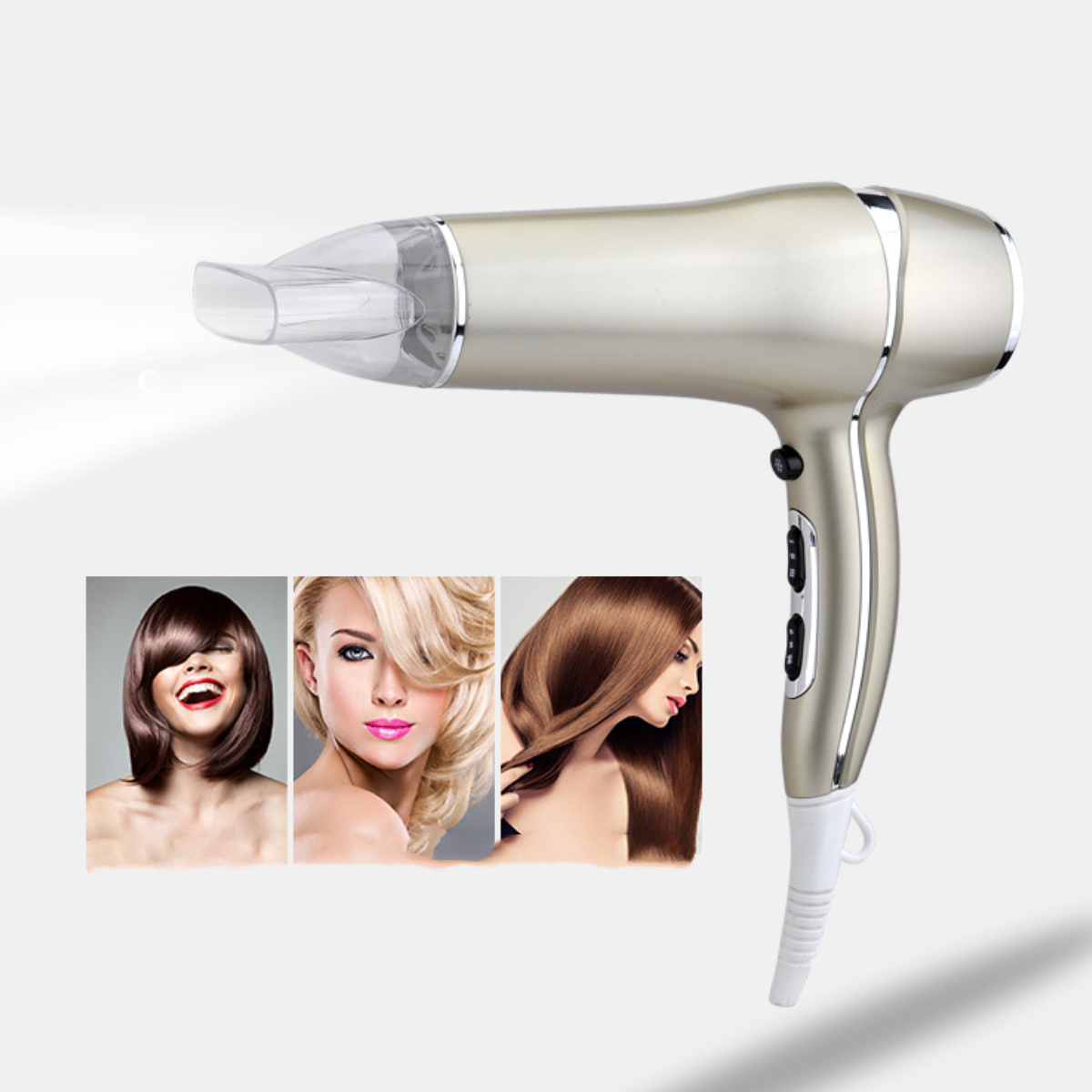 Goldener Haartrockner mit Frauen mit verschiedenen Frisuren im Hintergrund.