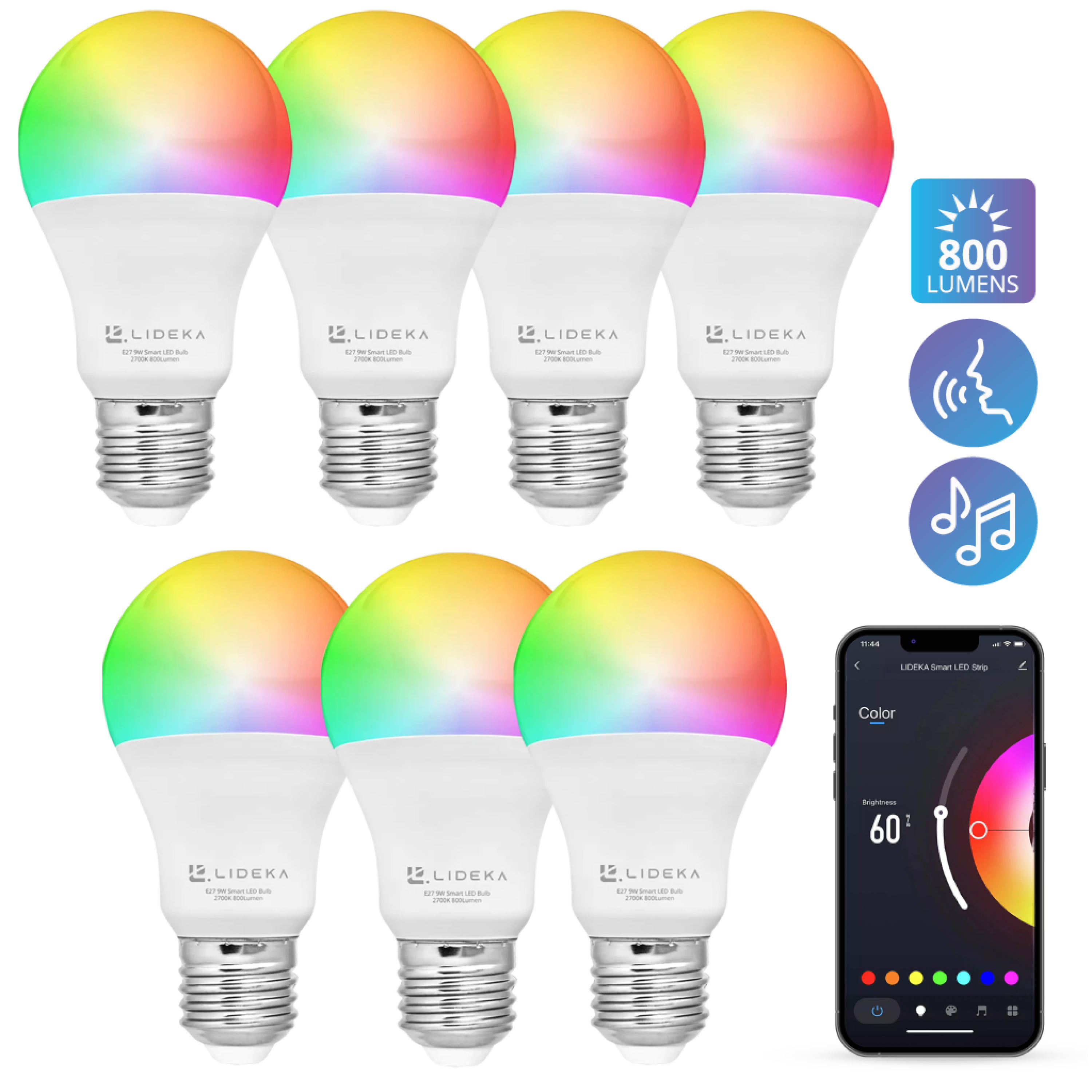 LIDEKA E27 Smart E27 5 Dimmbare Watt Lampe WiFi LED 7er-pack 9W LED-Leuchtmittel Multicolors