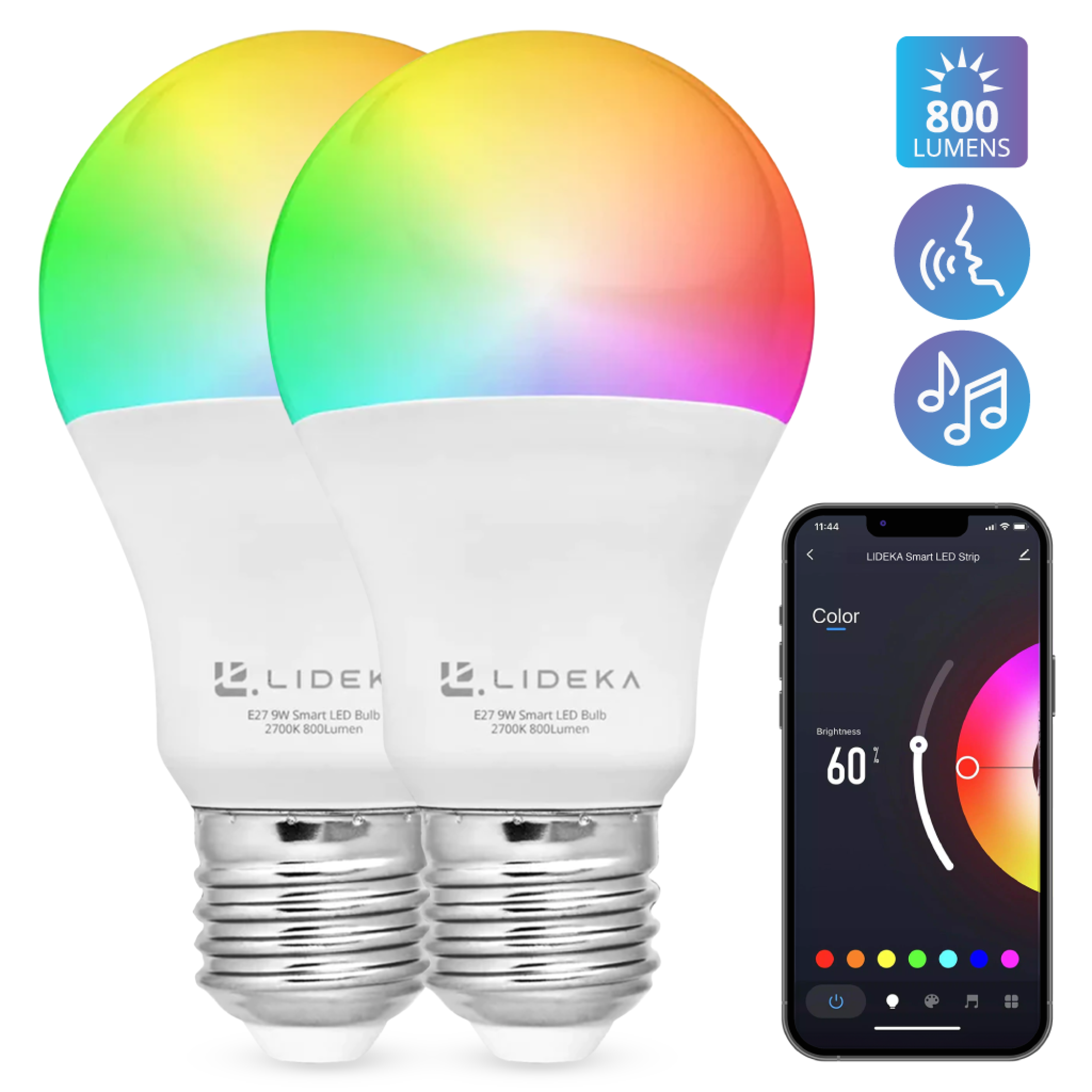 Dimmbare LED-Leuchtmittel 2er-pack 5 Smart Multicolors E27 LIDEKA E27 LED Watt Lampe 9W WiFi