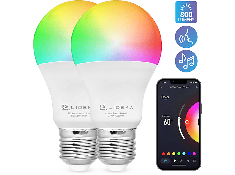 LIDEKA E27 Smart LED Lampe 9W WiFi Dimmbare 2er-pack LED-Leuchtmittel E27 Multicolors 5 Watt