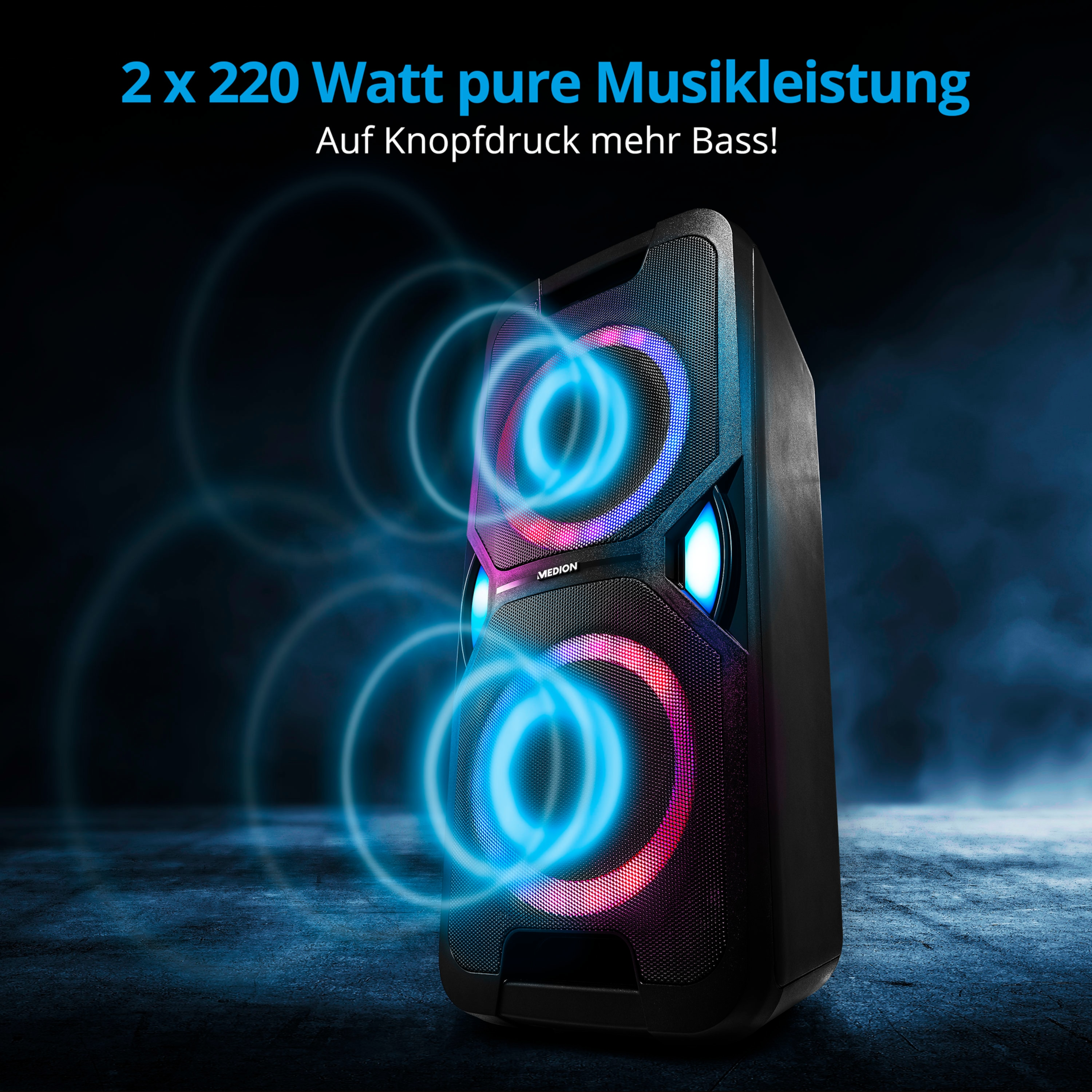 x LIFE® PLL-UKW, Mikrofon, 5.0, Partylautsprecher, Partylautsprecher, 2 22 MEDION P61468 schwarz W Lichteffekte, Bluetooth® RMS