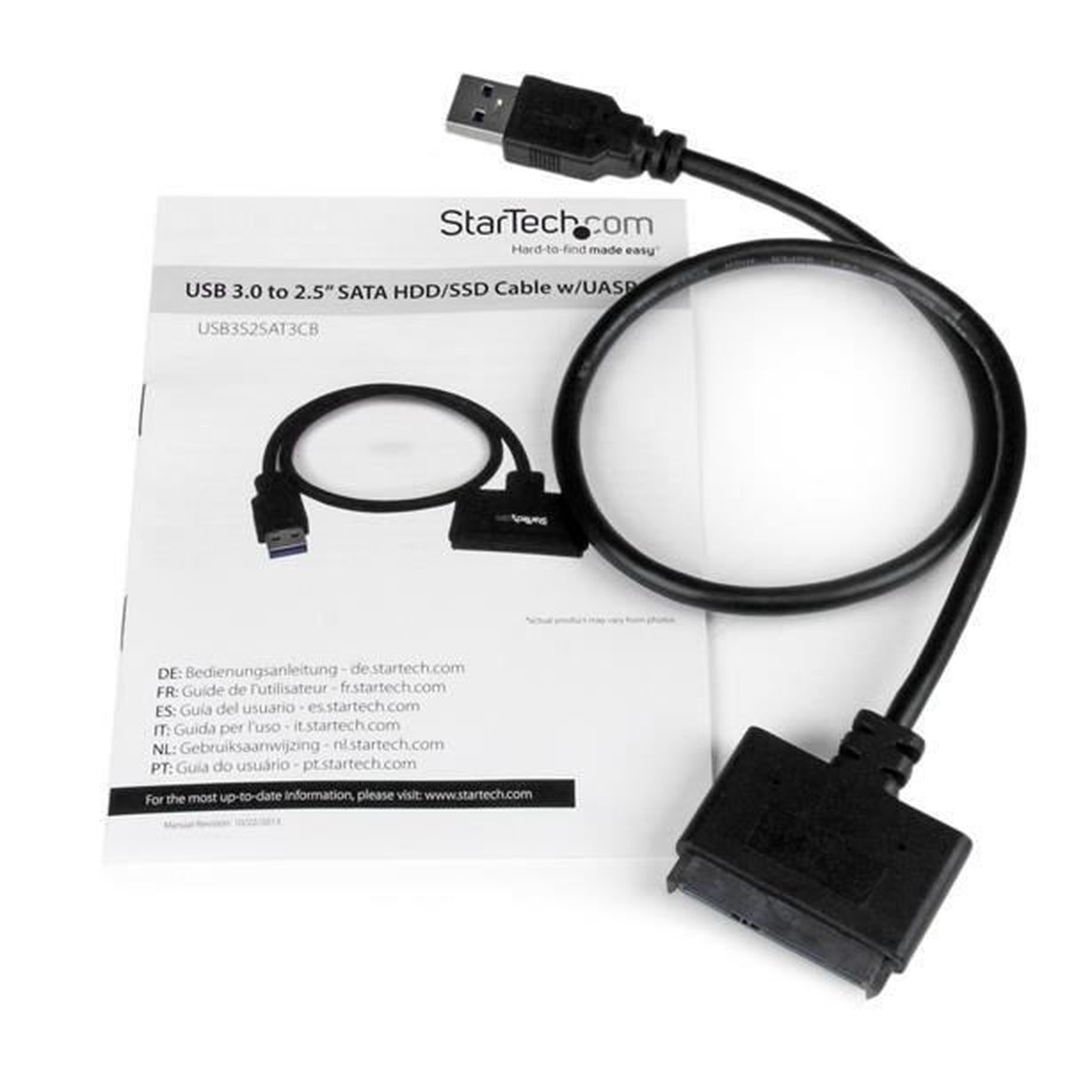Ein schwarzes USB 3.0 zu 2,5-Zoll-SATA-Kabel mit Anleitung liegt auf einem Blatt Papier.