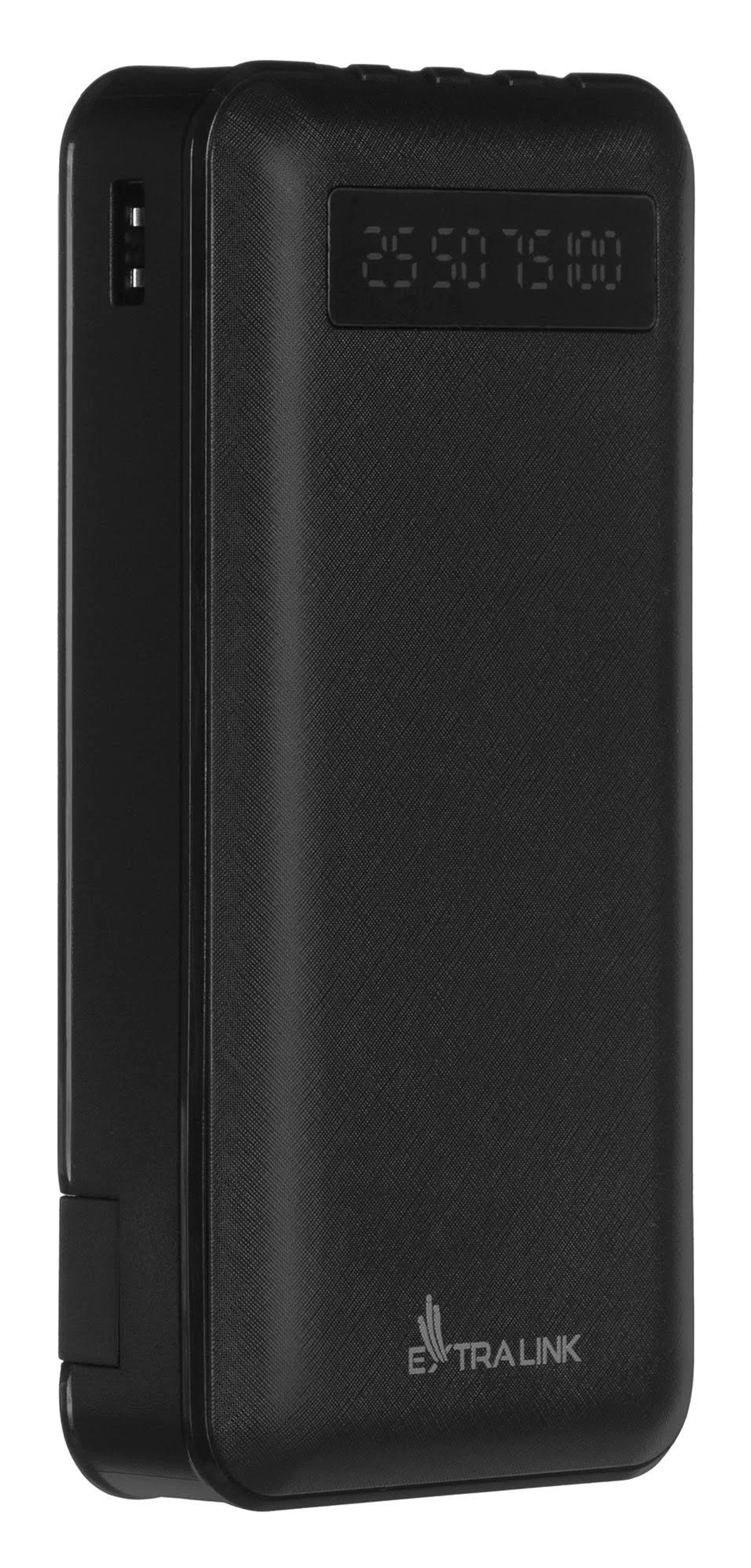 Schwarze Powerbank mit digitaler Anzeige des Akkustands.