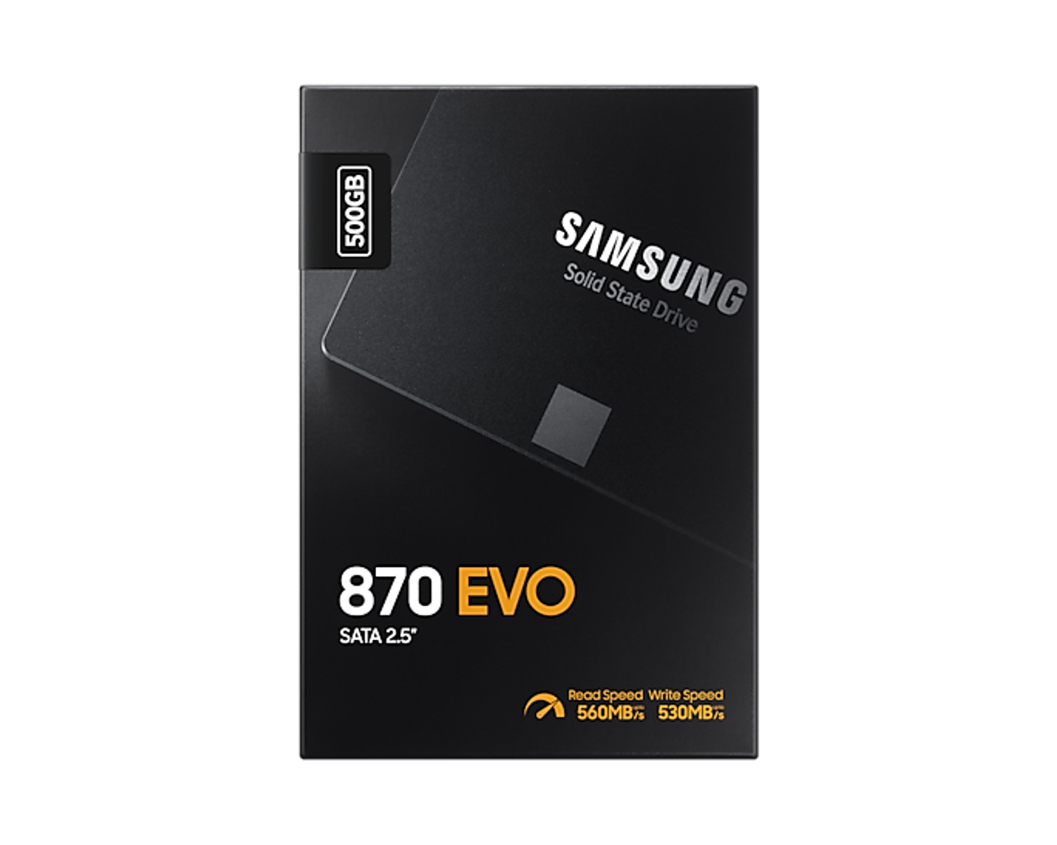 Caja SSD negra con texto y logotipo. Fondo blanco.