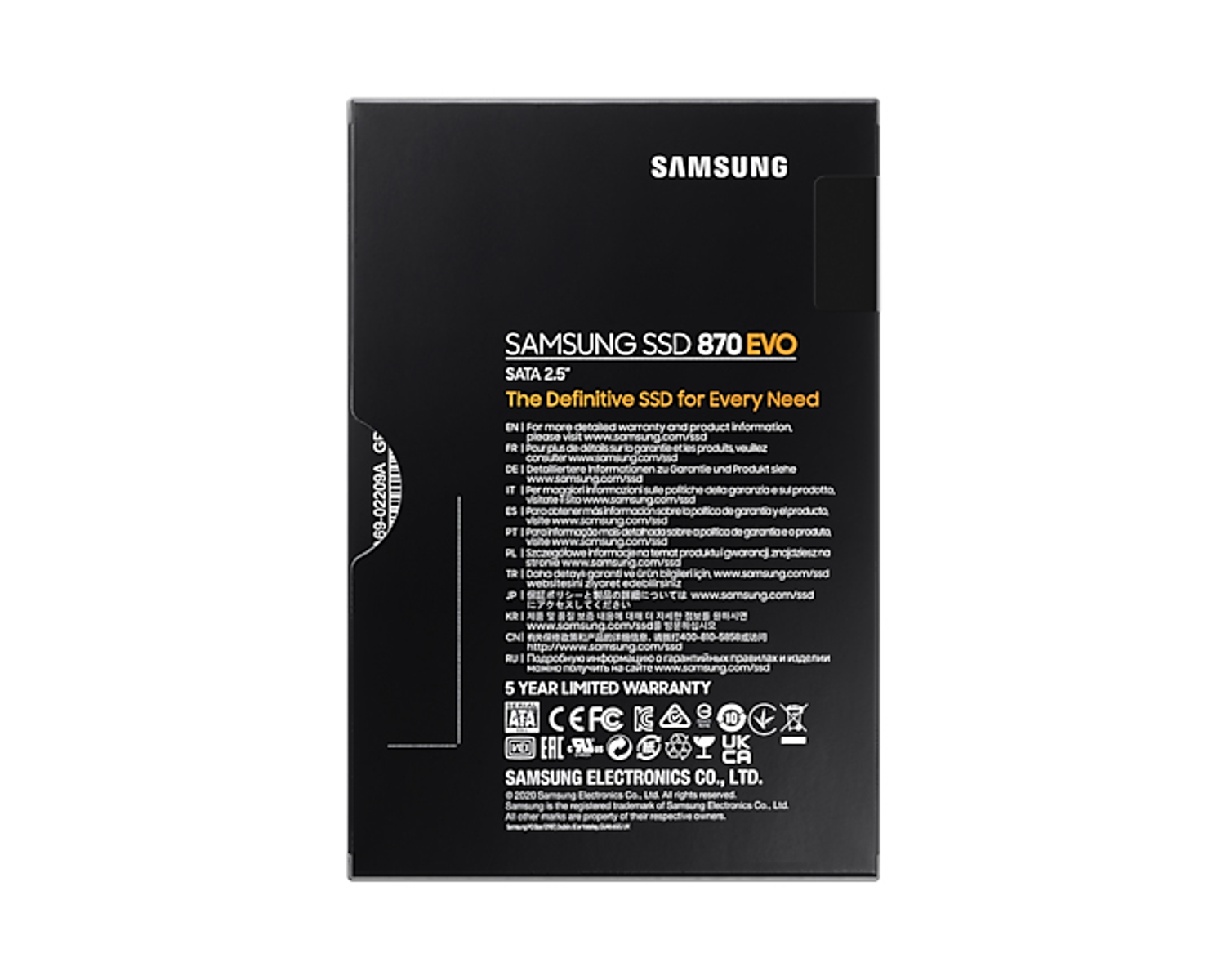 Una caja SSD negra con texto blanco y naranja. Dice 'SAMSUNG SSD 870 EVO' y otros detalles.
