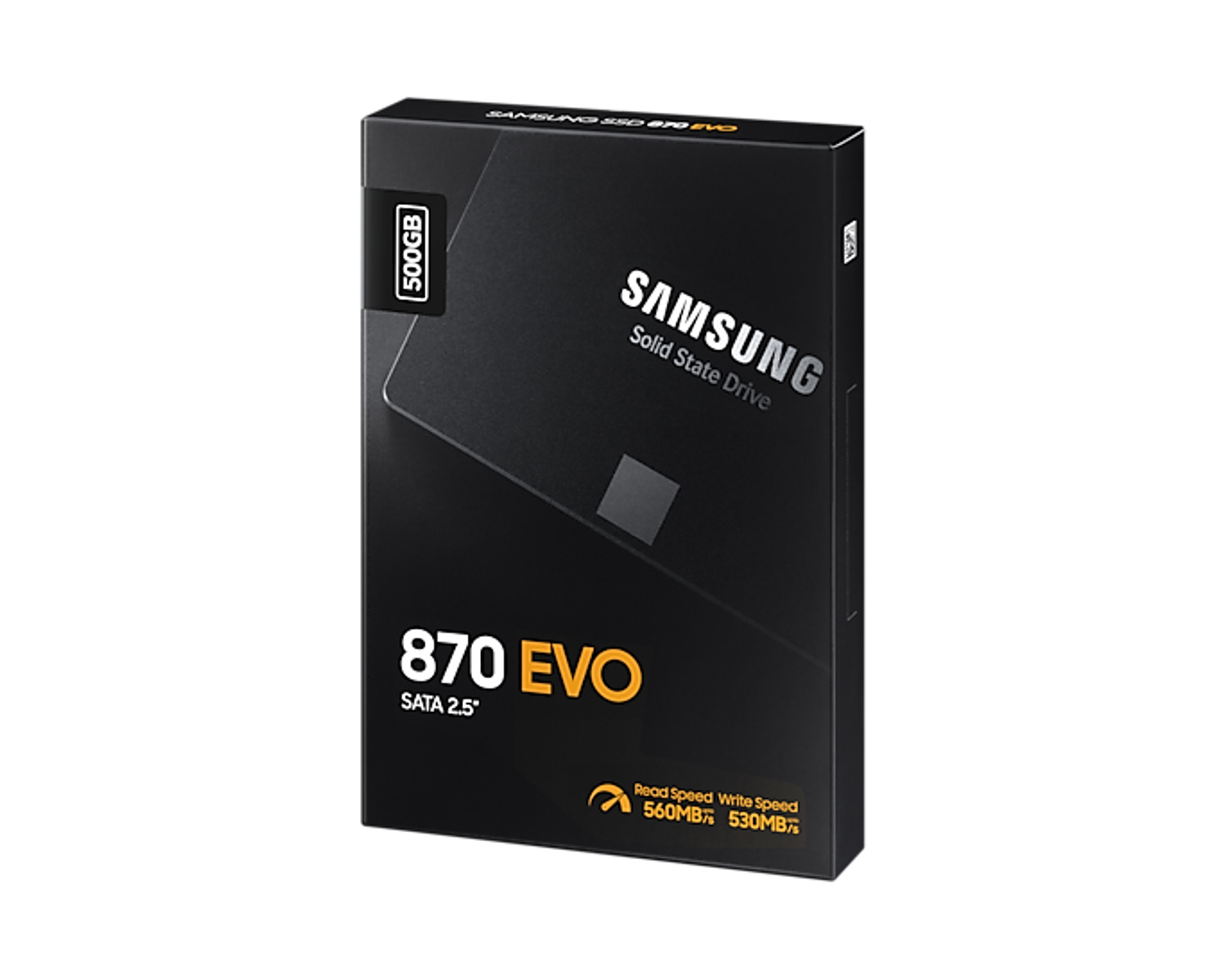 Caja negra de un SSD Samsung 870 EVO. Nombre del producto y especificaciones.
