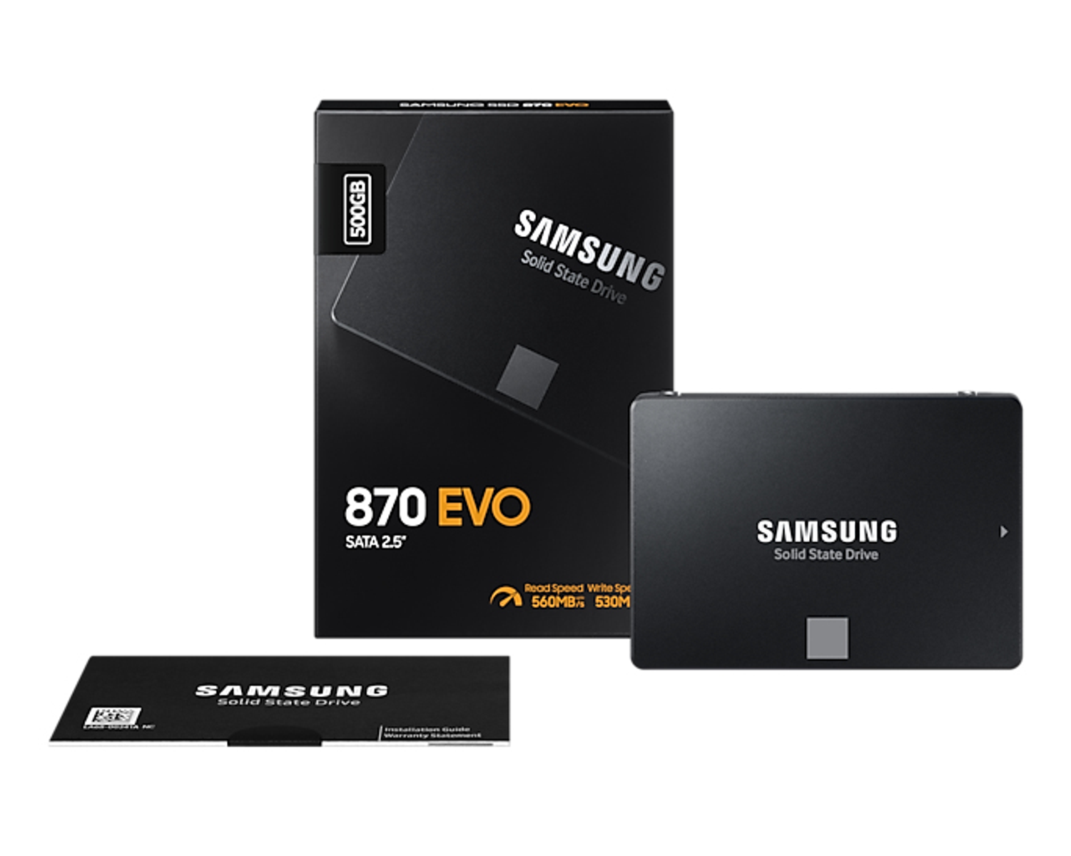 SSD Samsung 870 EVO, caja y tarjeta de garantía. Fondo blanco.