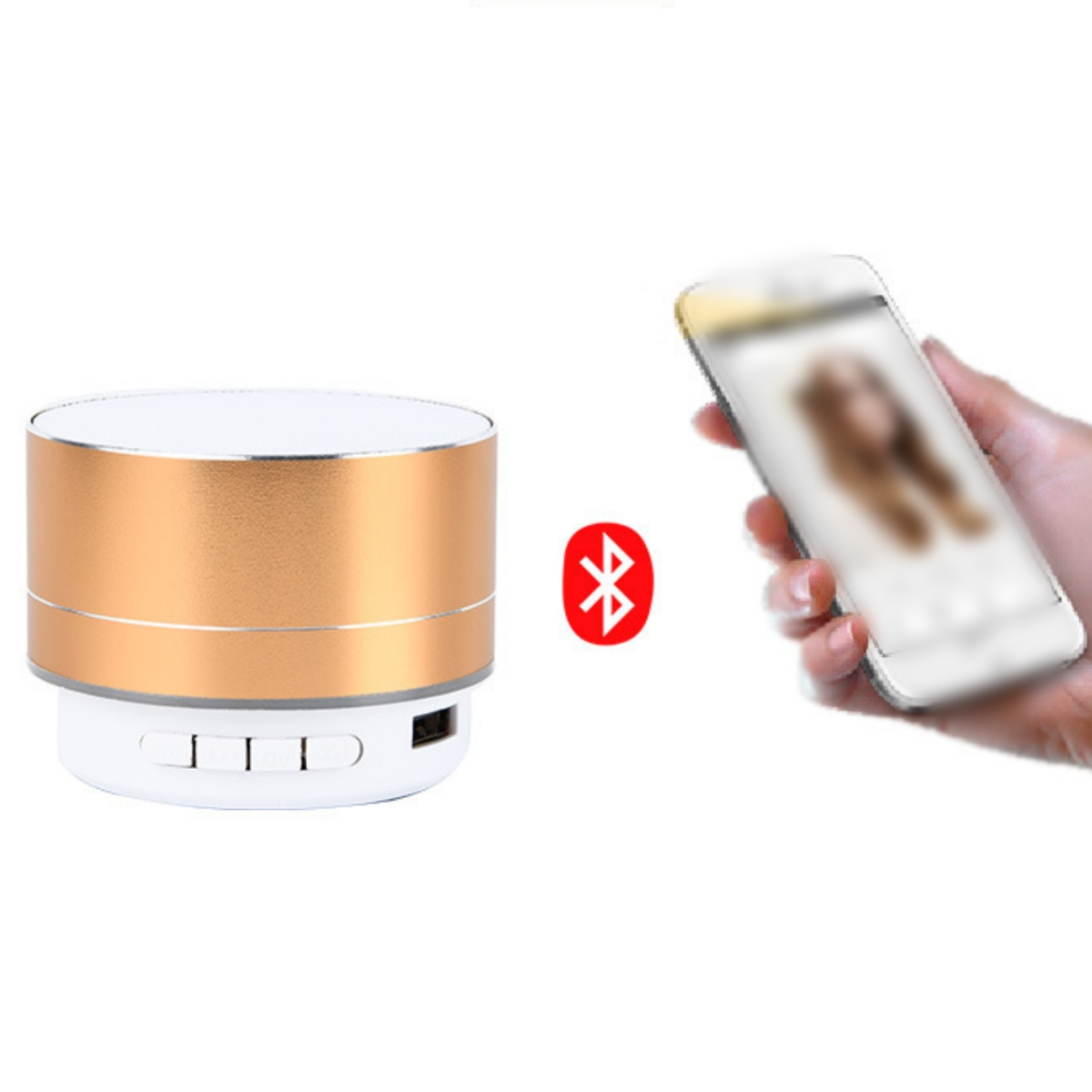Gold-weißer Lautsprecher, Bluetooth-Symbol und Hand mit Telefon.