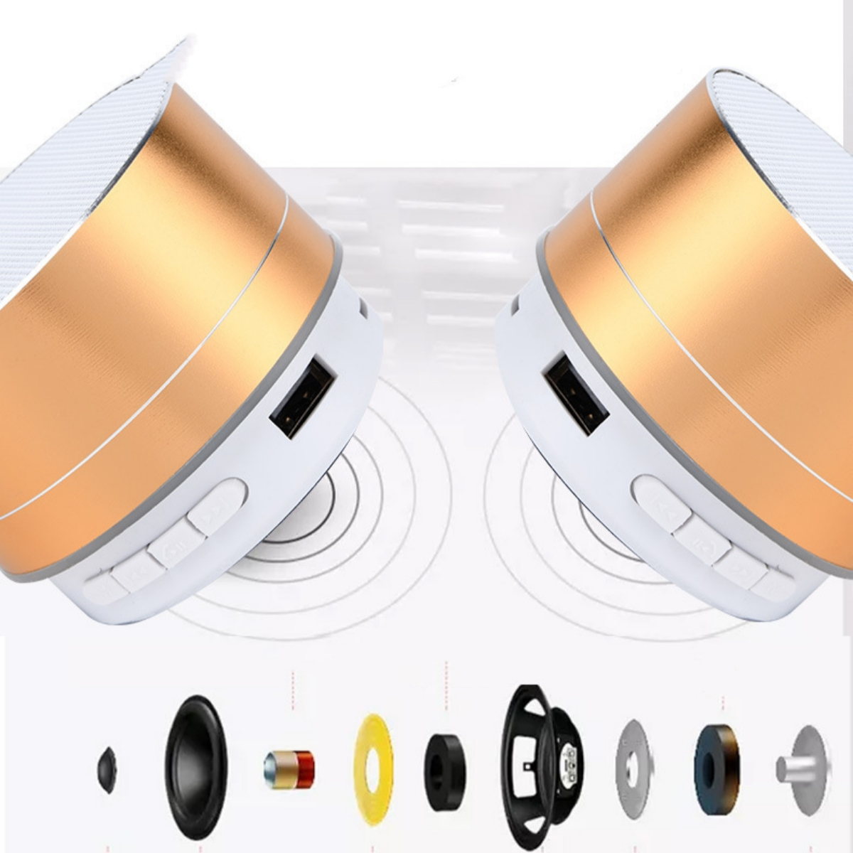 Zwei goldene Lautsprecher und ihre Komponenten werden angezeigt. USB-Anschluss und Bedientasten sichtbar.
