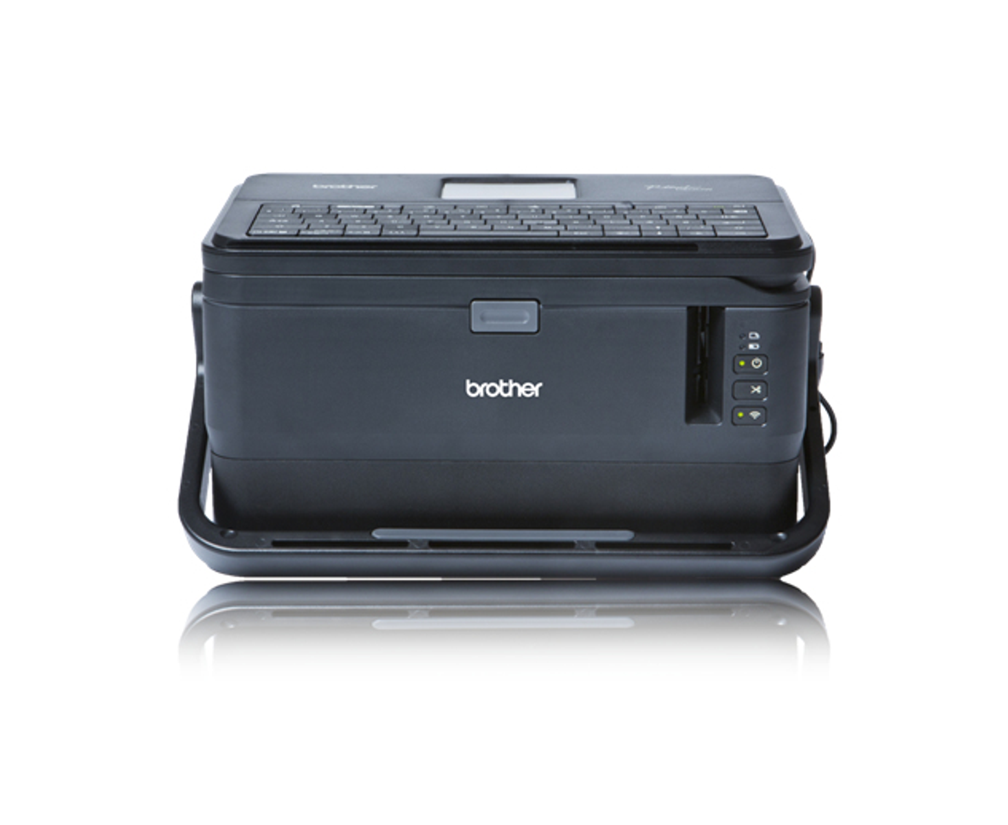 Ein schwarzer Brother-Drucker mit Tastatur und Display, weißer Hintergrund.