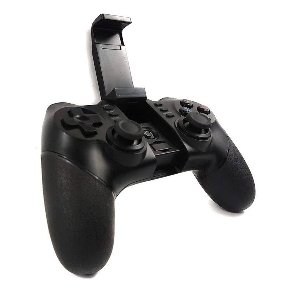 Czarny kontroler do gier z uchwytem na telefon, wieloma przyciskami i teksturowanym uchwytem.