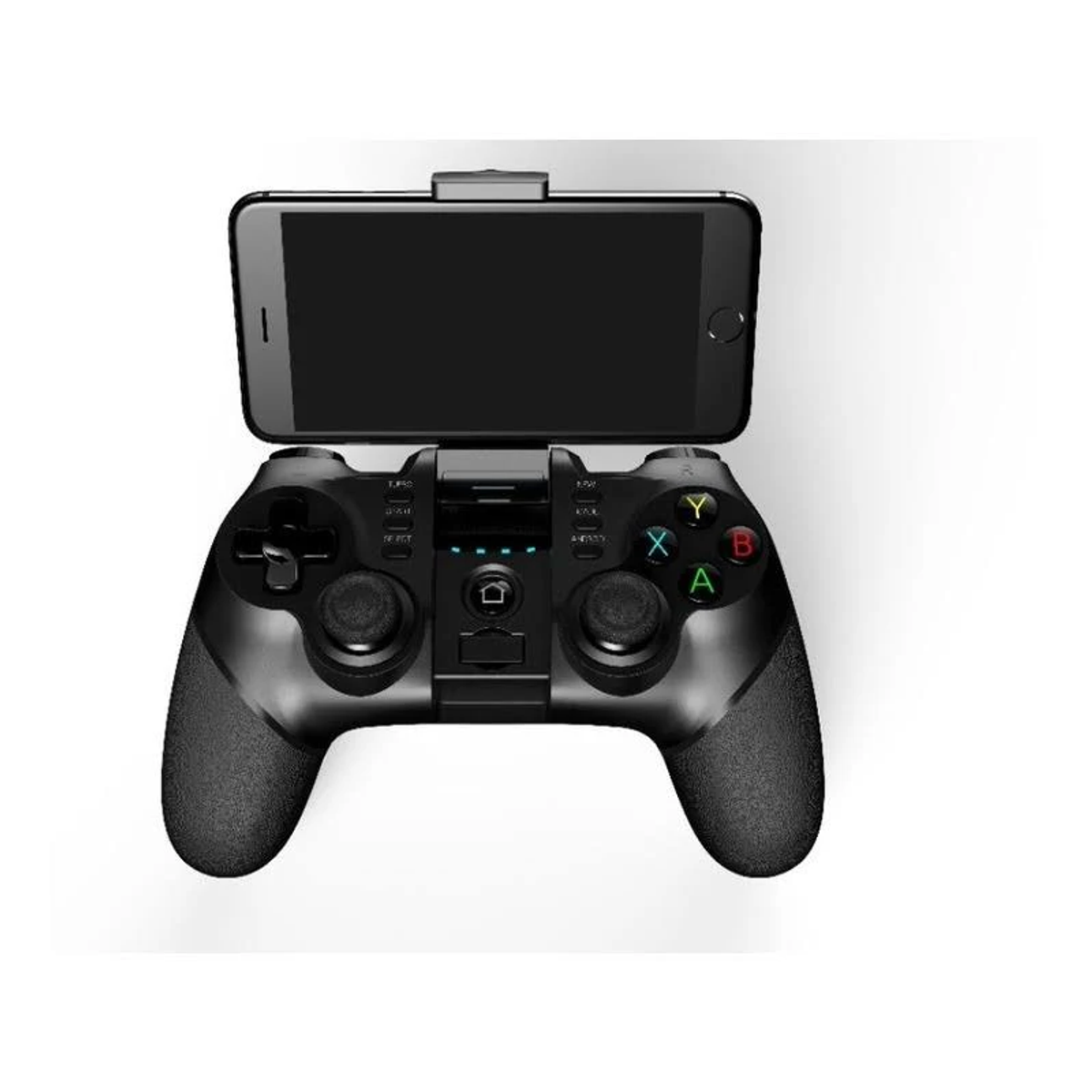 Czarny kontroler do gier z telefonem przymocowanym na górze, białe tło.