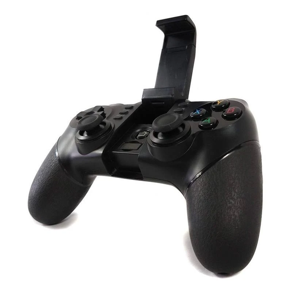 Czarny kontroler do gier z dwoma gałkami analogowymi, przyciskami i uchwytem na telefon.