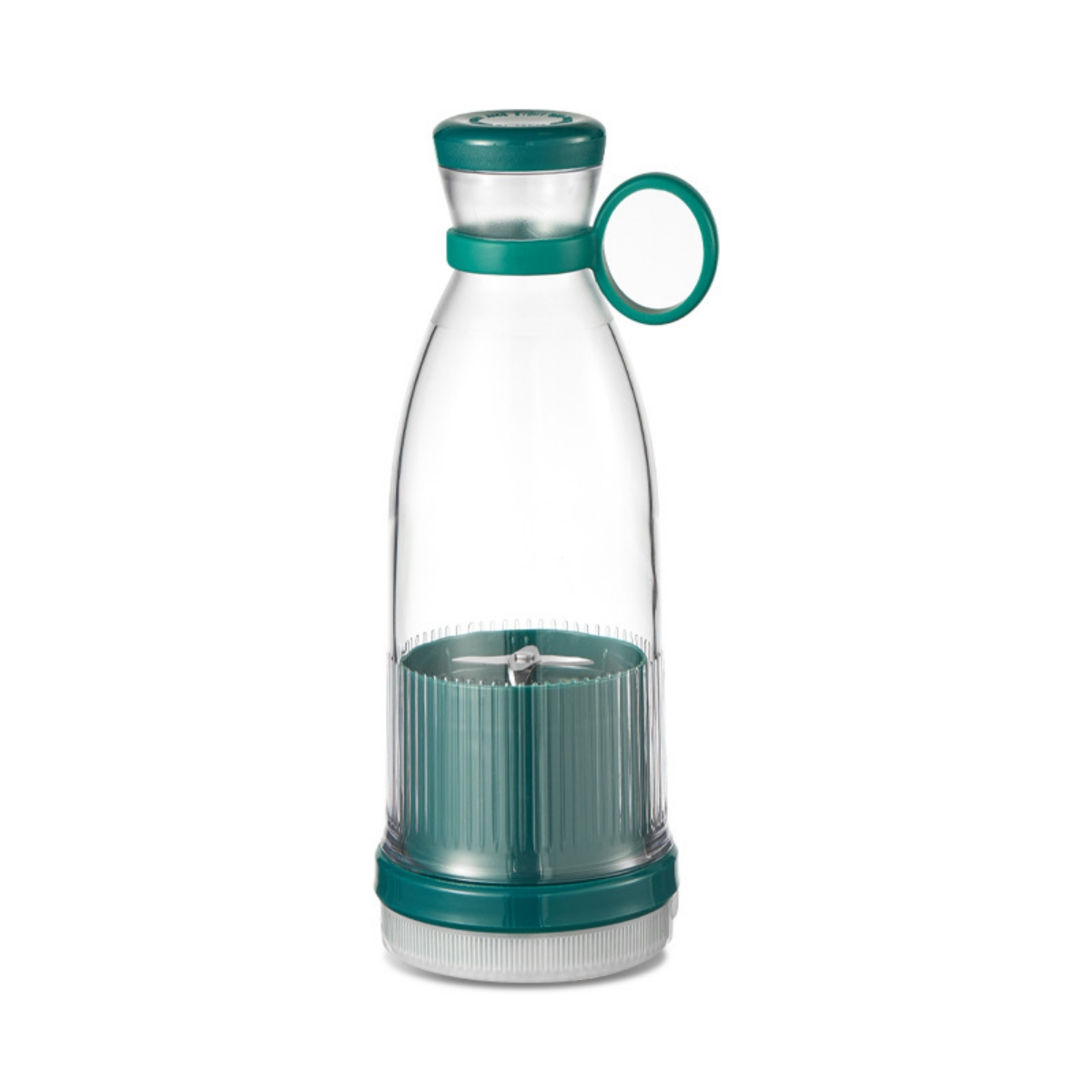 Ein Mixer in einer klaren Plastikflasche mit grünen Akzenten. Es hat einen Griff und eine Klinge im Inneren.