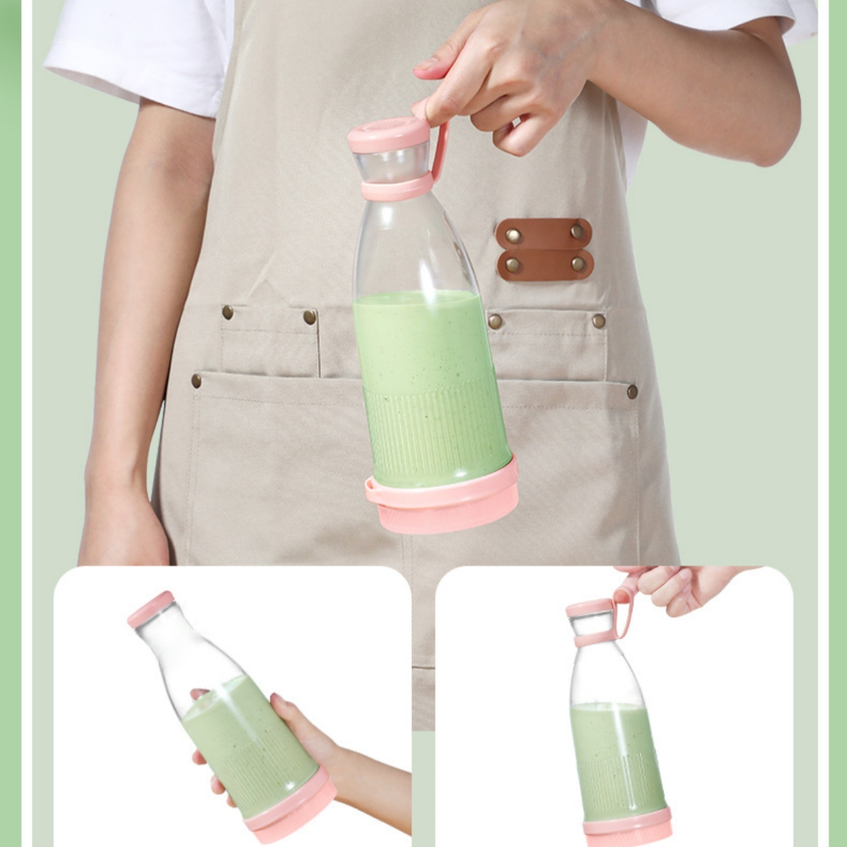 Eine Person hält eine Blenderflasche mit grüner Flüssigkeit. Rosa Akzente.