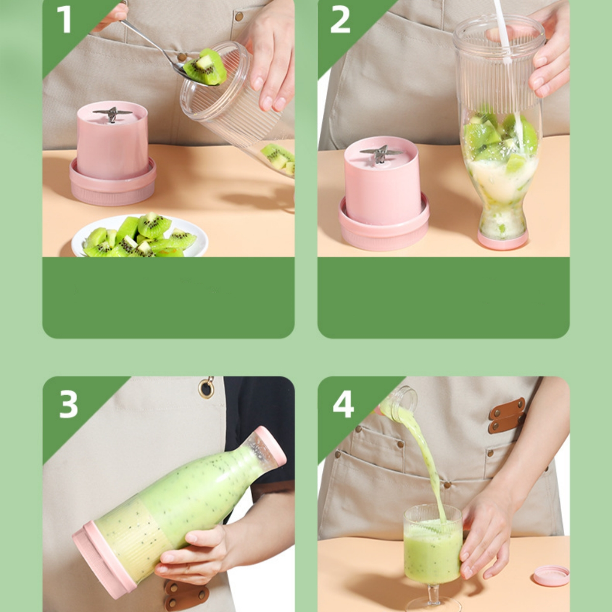 Eine Reihe von Bildern, die die Schritte zur Herstellung eines Smoothies mit Kiwi zeigen.
