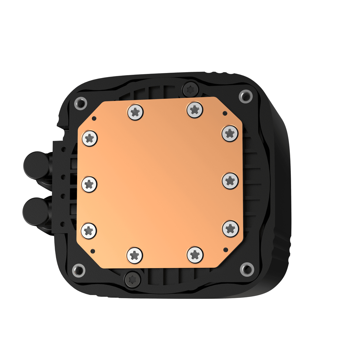 Draufsicht eines schwarzen CPU-Kühlers mit Kupferplatte und silbernen Schrauben. Der Kühler hat eine quadratische Form.
