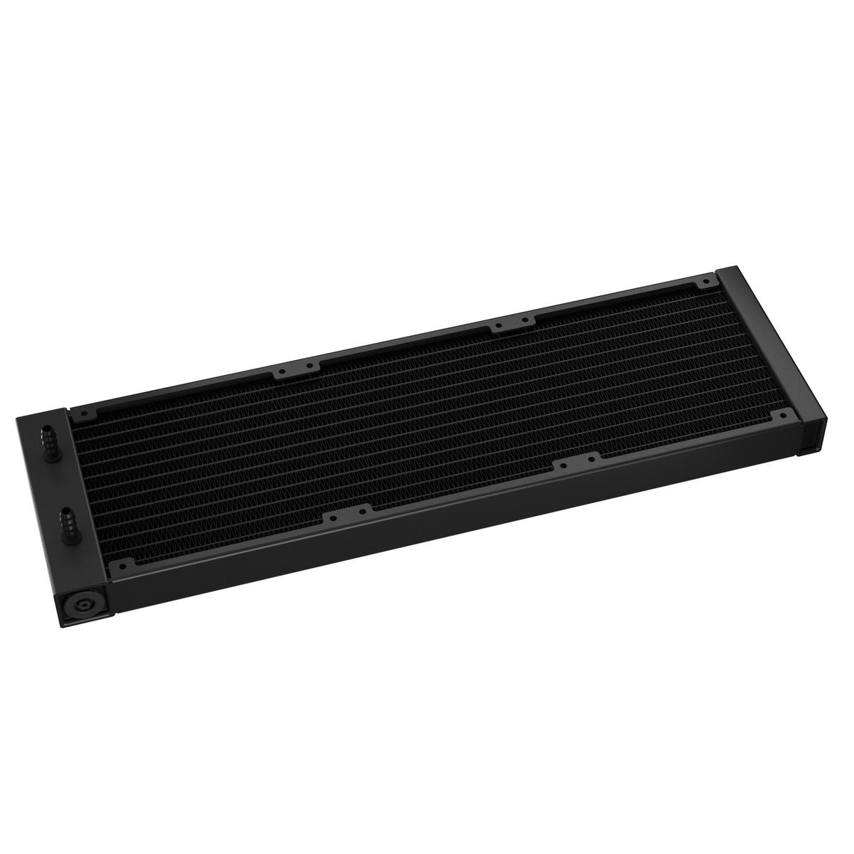 Schwarzer Flüssigkeitskühler-Radiator mit Anschlüssen, vor weißem Hintergrund.