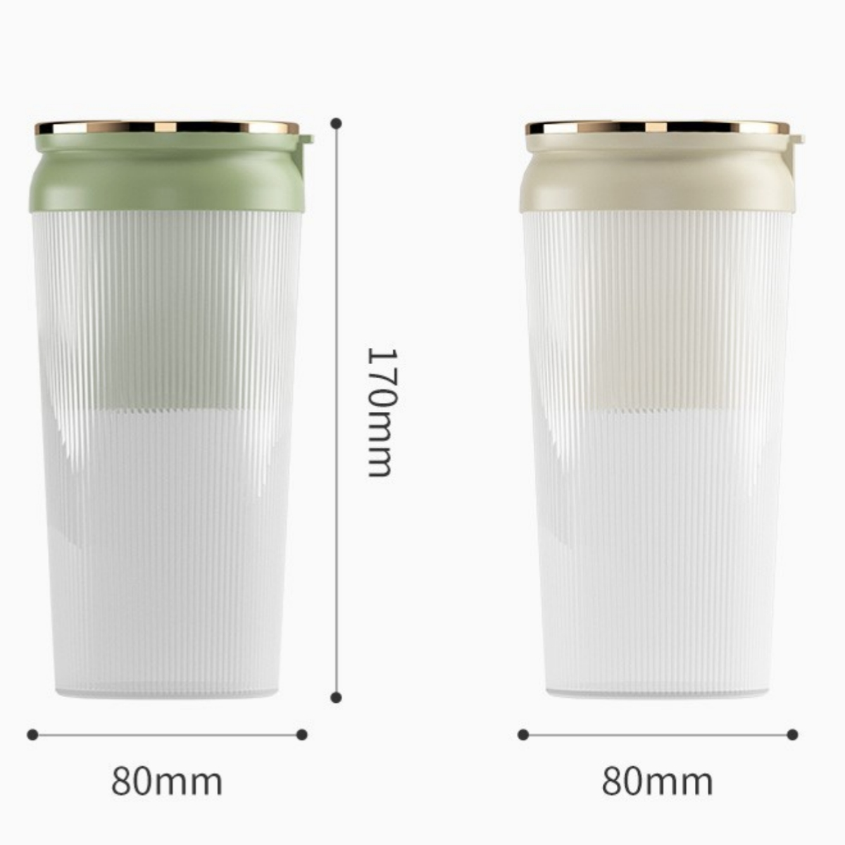 Zwei weiße und grüne Becher mit den Maßen: 170 mm hoch und 80 mm breit.