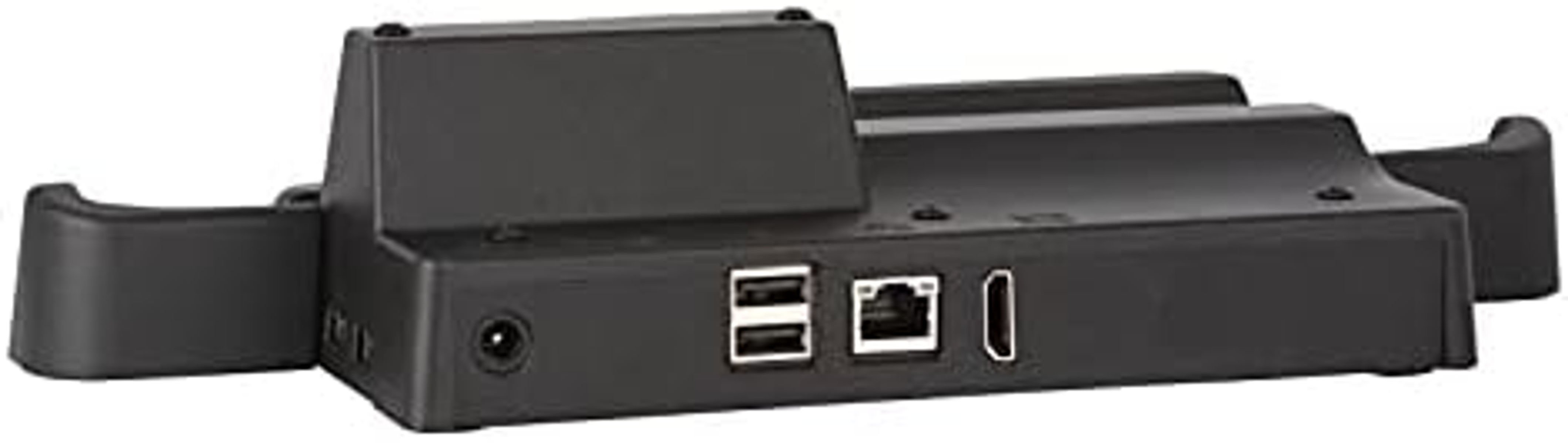 Schwarze Dockingstation mit Anschlüssen, von hinten gesehen. Zwei USB-Anschlüsse, ein Ethernet-Anschluss und ein Stromanschluss.