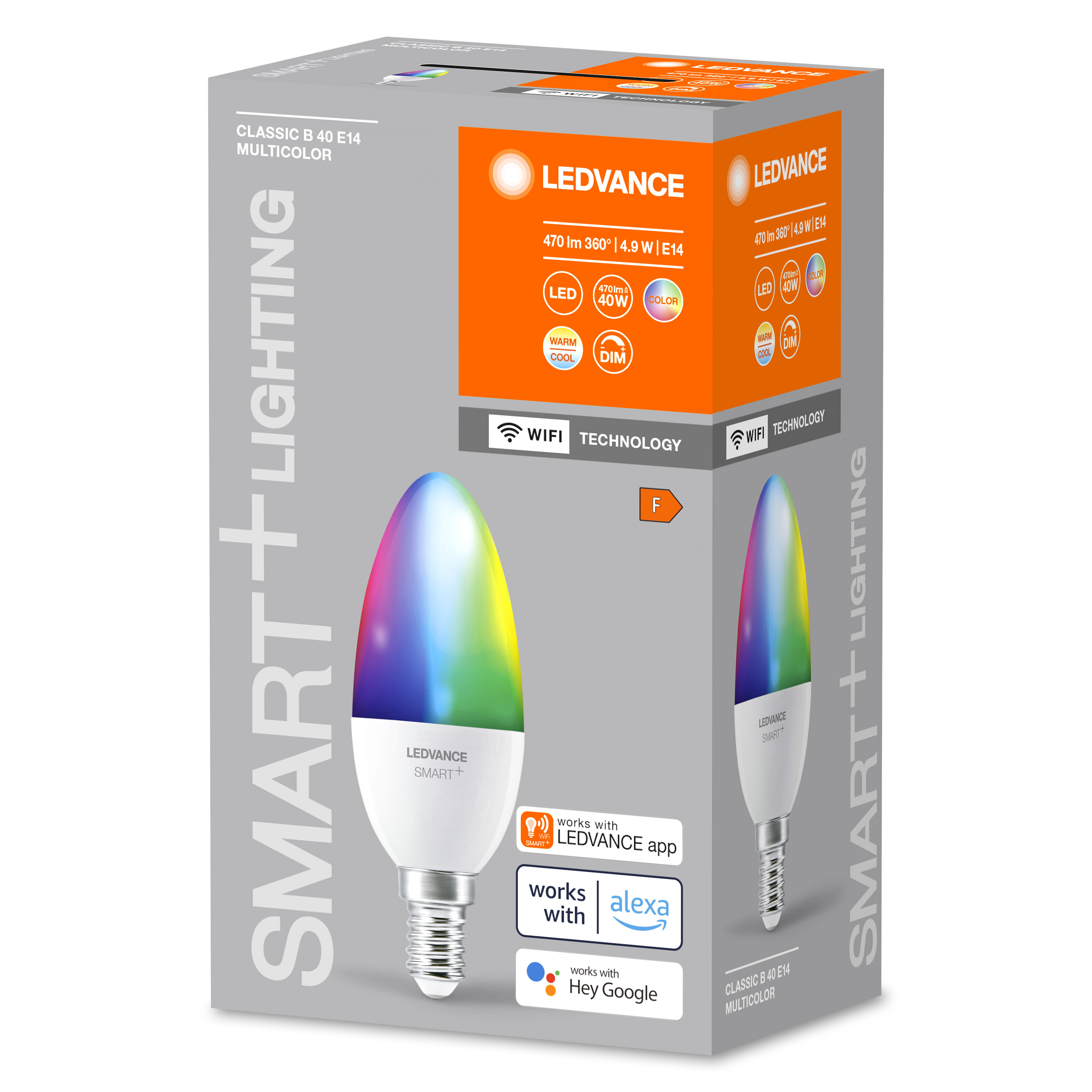 Scatola per una lampadina intelligente LEDVANCE. Mostra la lampadina e contiene informazioni su LED, WiFi e Alexa.