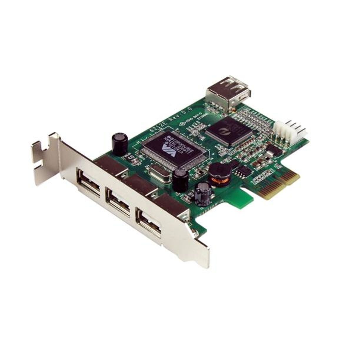 Eine PCIE USB-Karte. Hat mehrere USB-Anschlüsse und eine grüne Leiterplatte.
