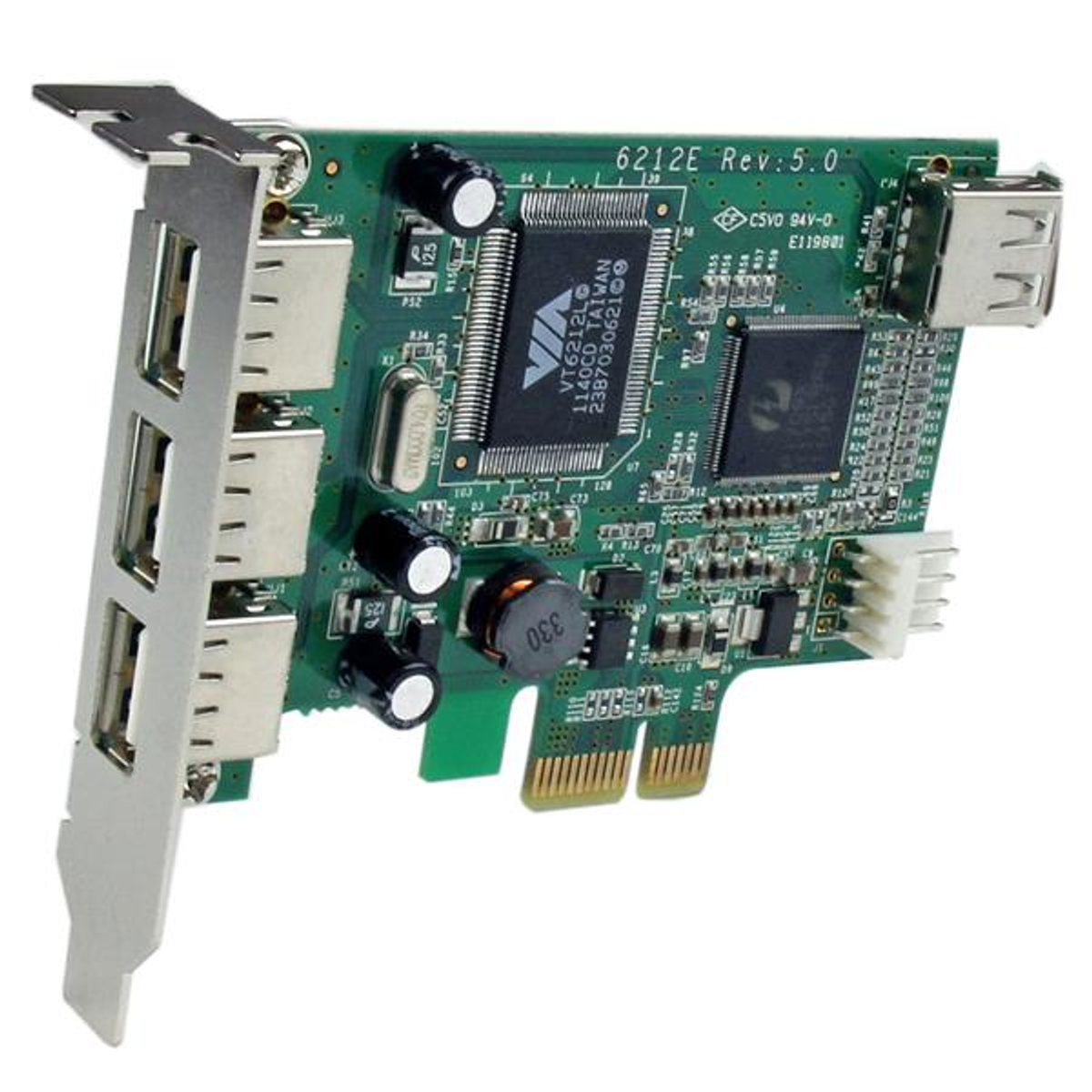 Eine grüne Computerkomponentenkarte mit mehreren USB-Anschlüssen und elektronischen Komponenten.