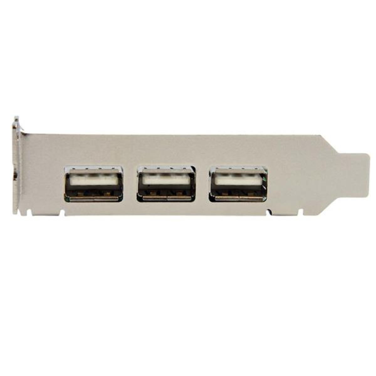 Silberne USB-Erweiterungskarte mit drei USB-Anschlüssen auf weißem Hintergrund. Hat einen Anschluss links.
