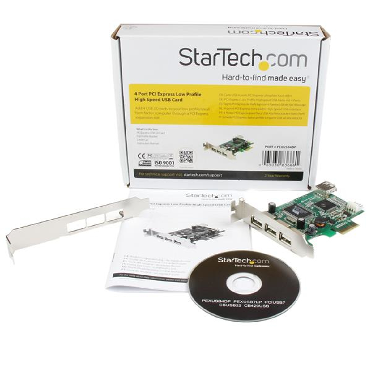 StarTech.com 4-Port PCI Express Low Profile High Speed USB-Karte und Zubehör. Enthält eine CD und ein Handbuch.