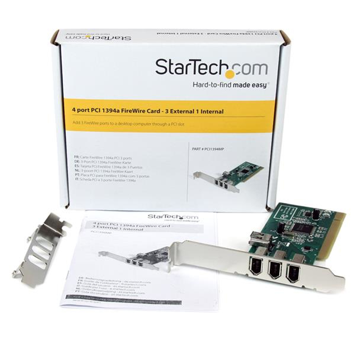 Eine Box mit einer PCI FireWire-Karte und Zubehör auf weißer Oberfläche, mit Text.