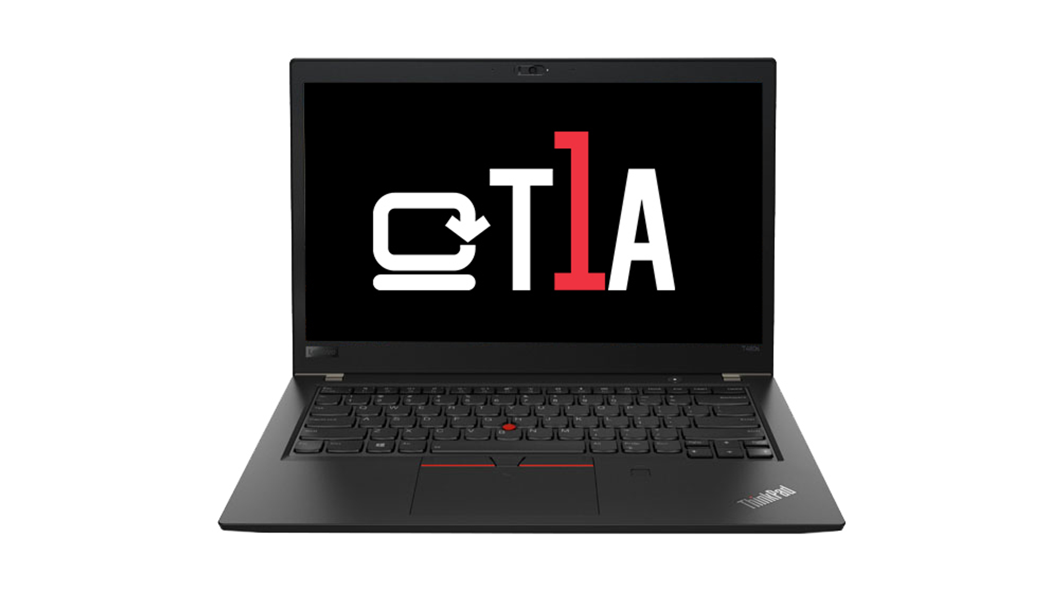 Schwarzer Laptop auf weißem Hintergrund, Bildschirm zeigt "OTA" in Weiß und Rot.