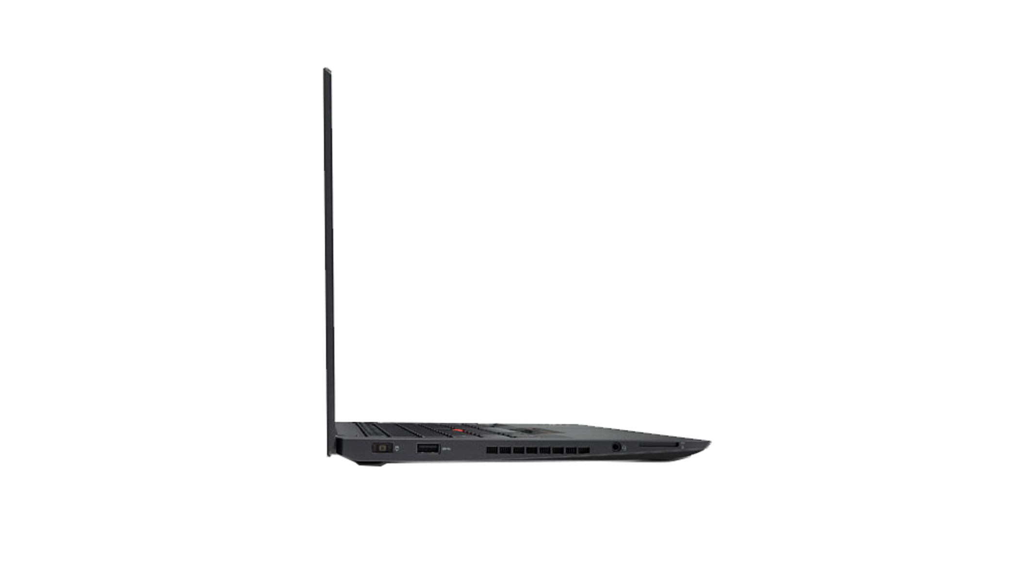 Seitenprofil eines schwarzen Laptops. Der Bildschirm ist geschlossen.