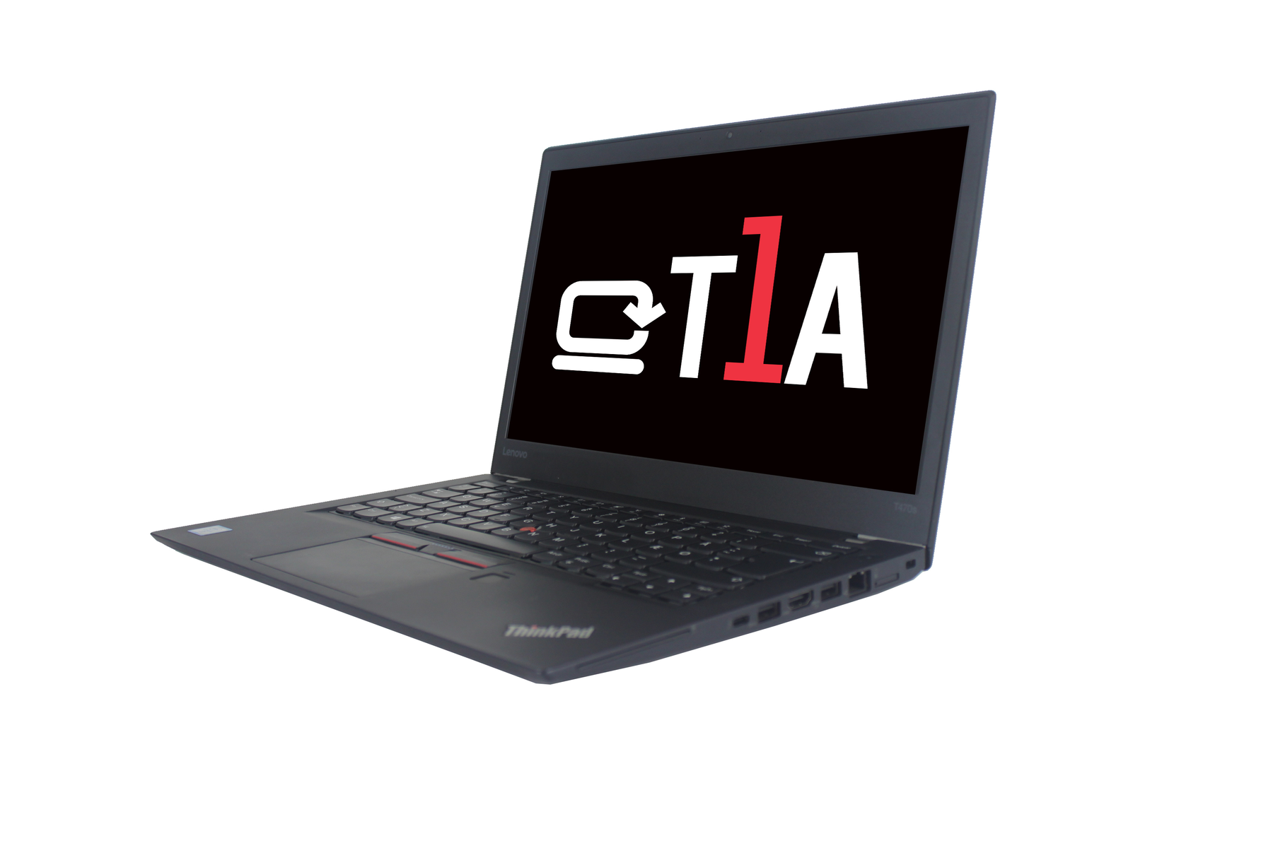 Ein schwarzes Lenovo ThinkPad Laptop mit einem Bildschirm, der das Logo 'Q T1A' auf weißem Hintergrund zeigt.