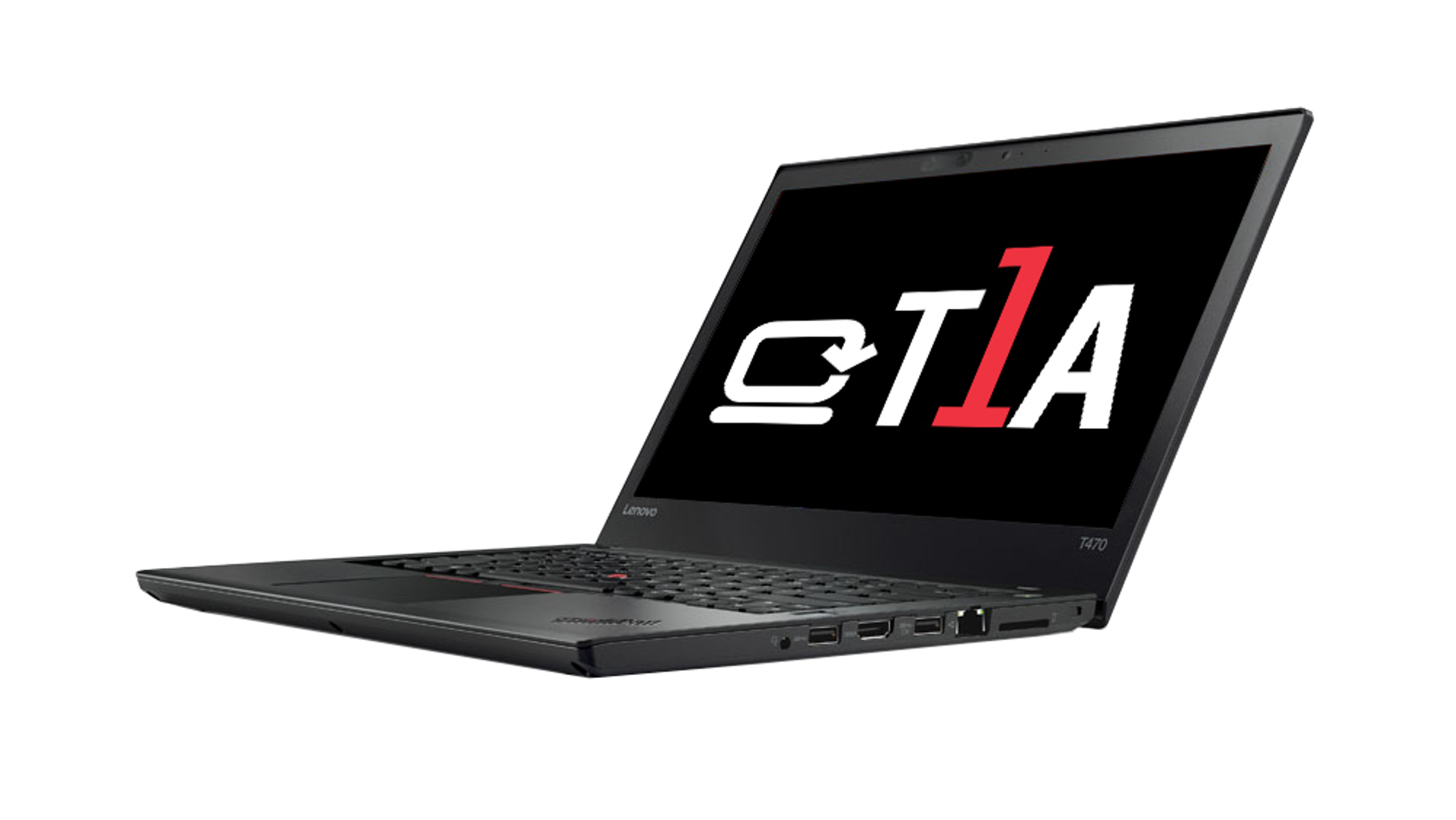 Czarny laptop Lenovo otwarty z logo na ekranie. Białe tło.