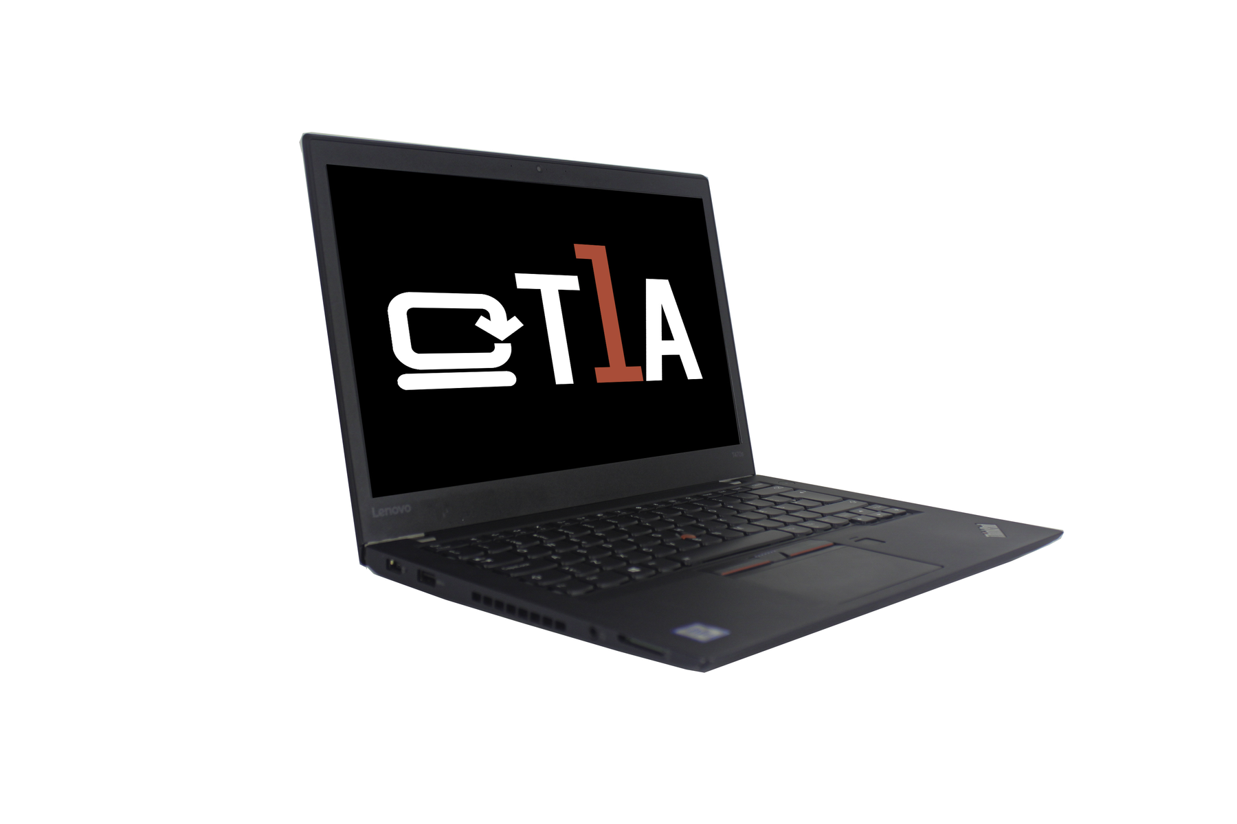 Ein schwarzer Laptop mit dem Bildschirm, auf dem die Buchstaben 'QTA' angezeigt werden, auf weißem Hintergrund.