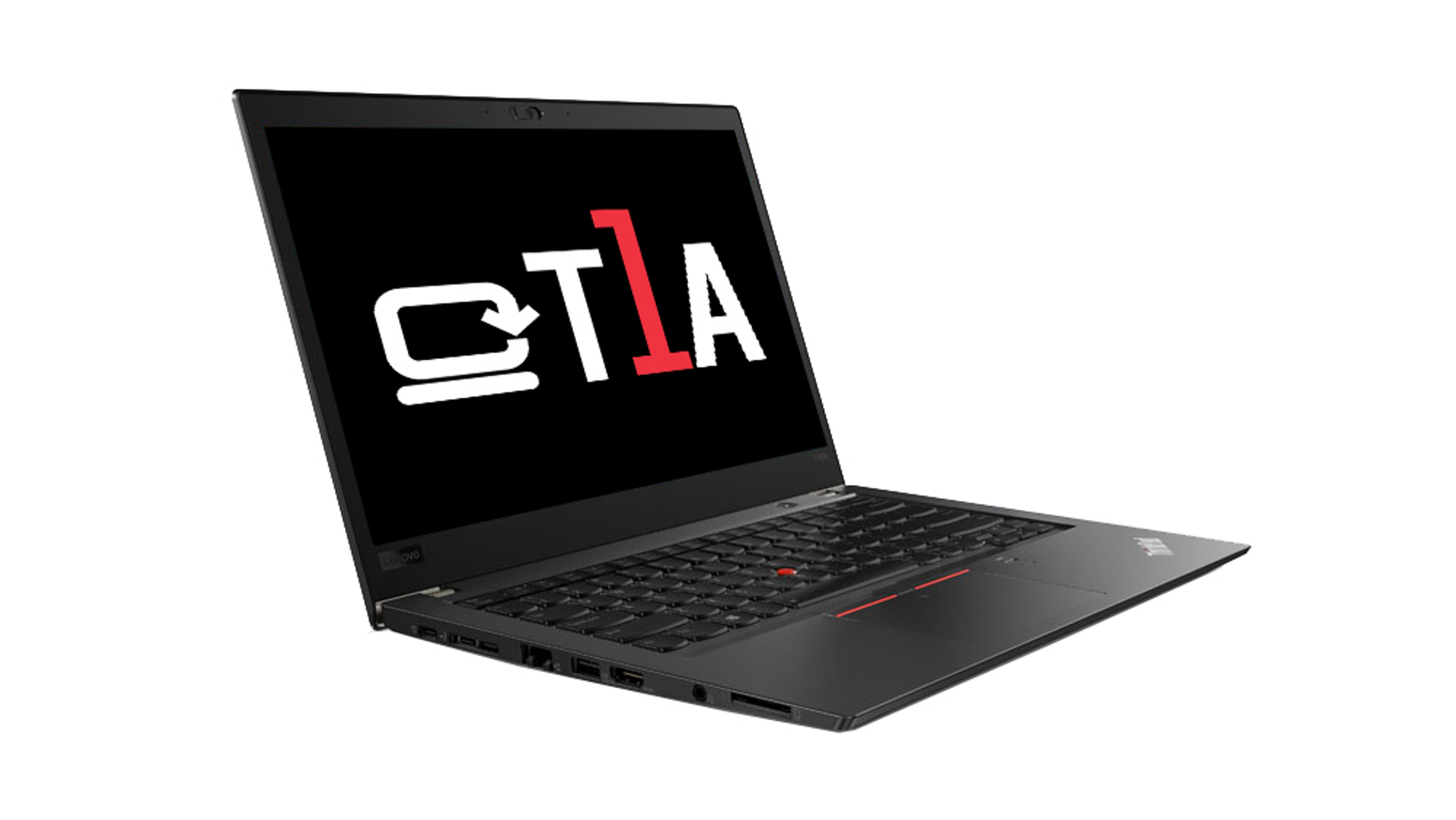 Schwarzer Laptop mit Logo und Text auf dem Bildschirm, vor weißem Hintergrund.