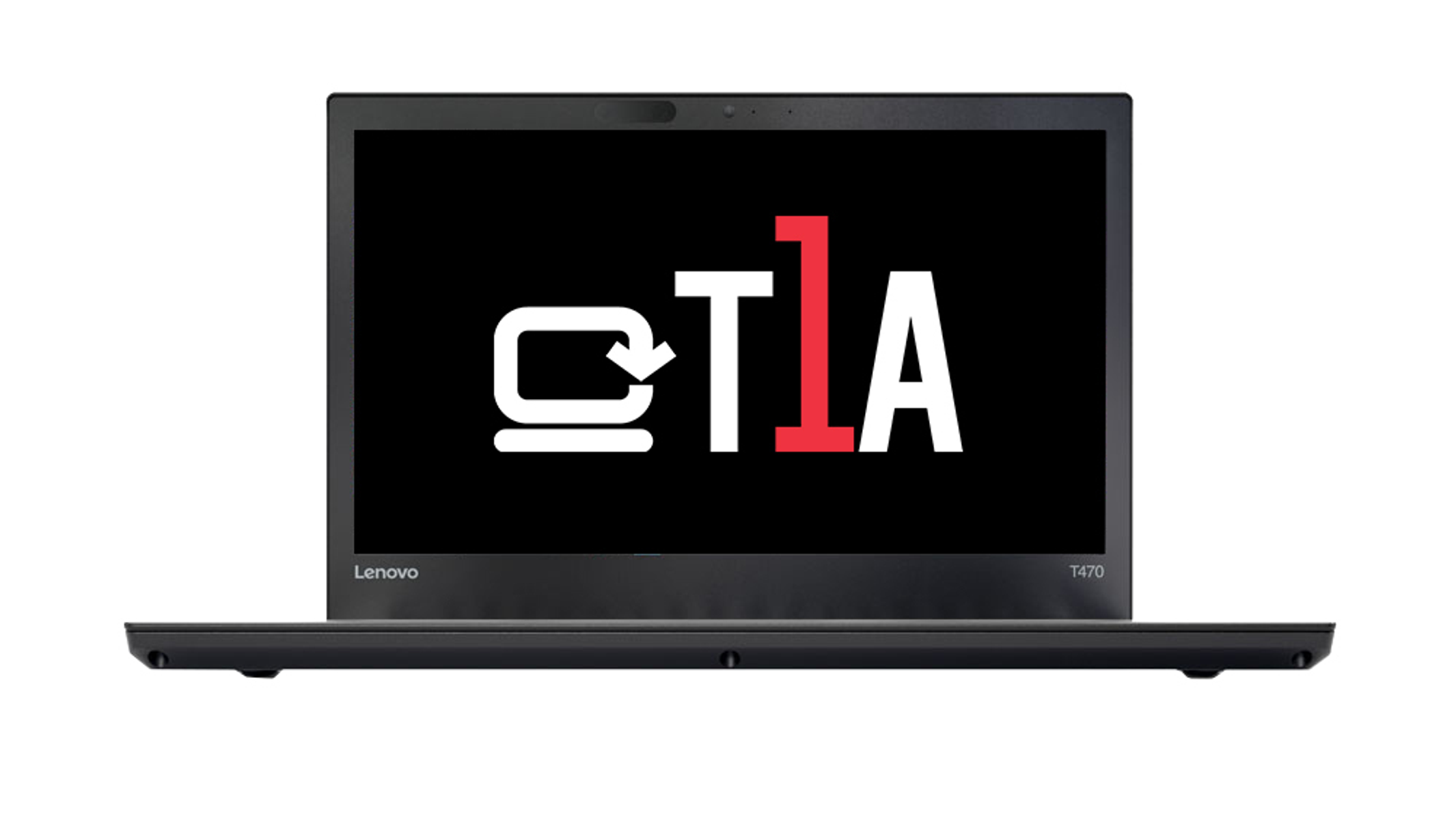 Czarny ekran laptopa z białymi literami QTA i logo Lenovo.