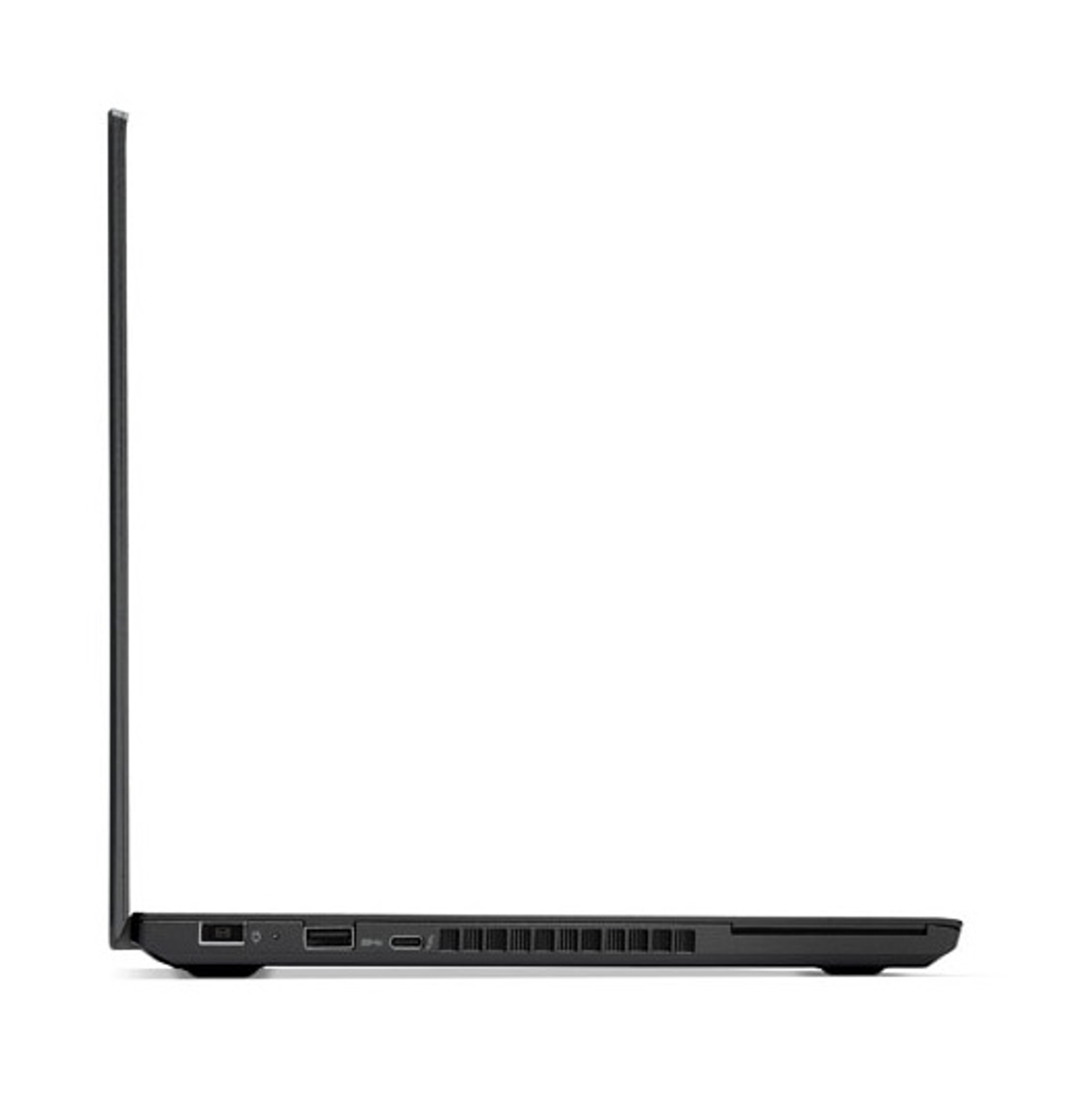 Widok z boku czarnego laptopa, zamkniętego, z widocznymi portami.