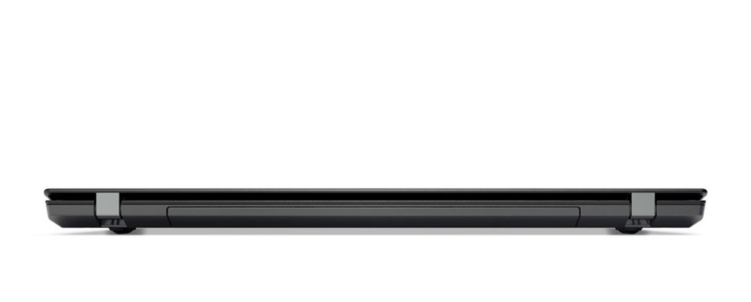 Zamknięty czarny laptop, z boku, na białym tle.