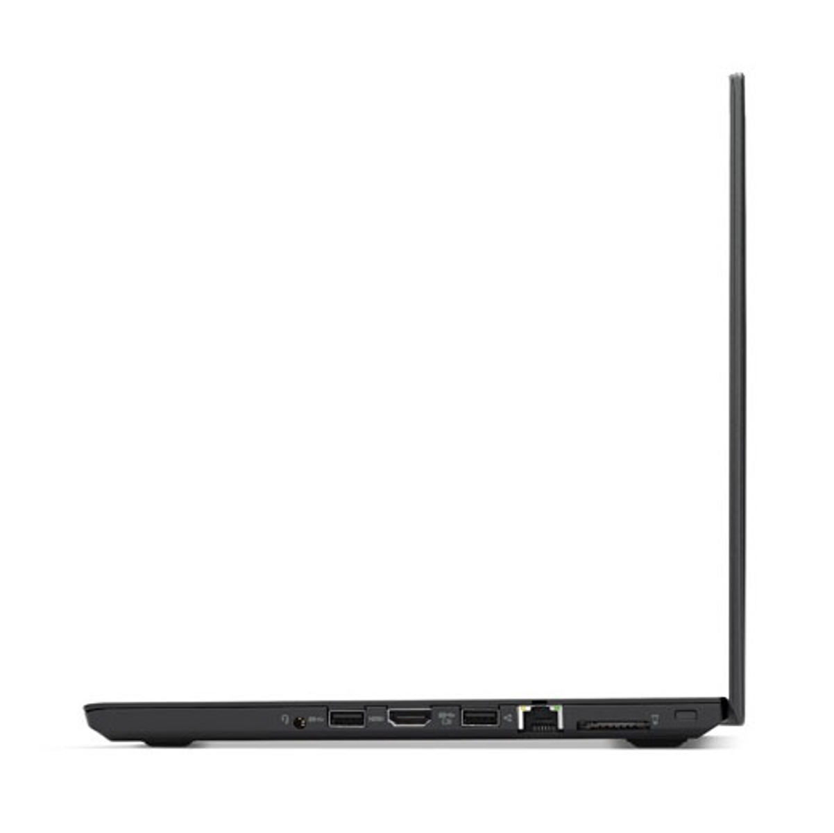 Widok z boku czarnego laptopa z widocznymi portami po lewej stronie.