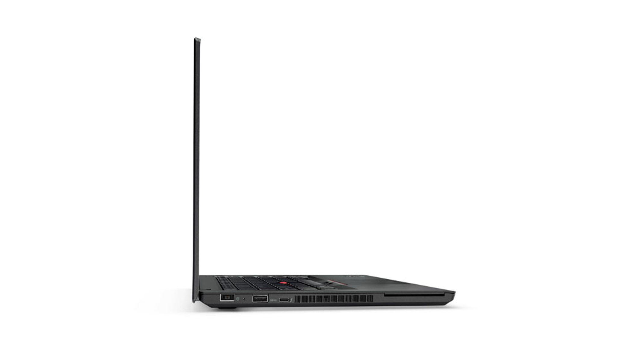 Czarny laptop z boku. Laptop jest zamknięty i na białym tle.