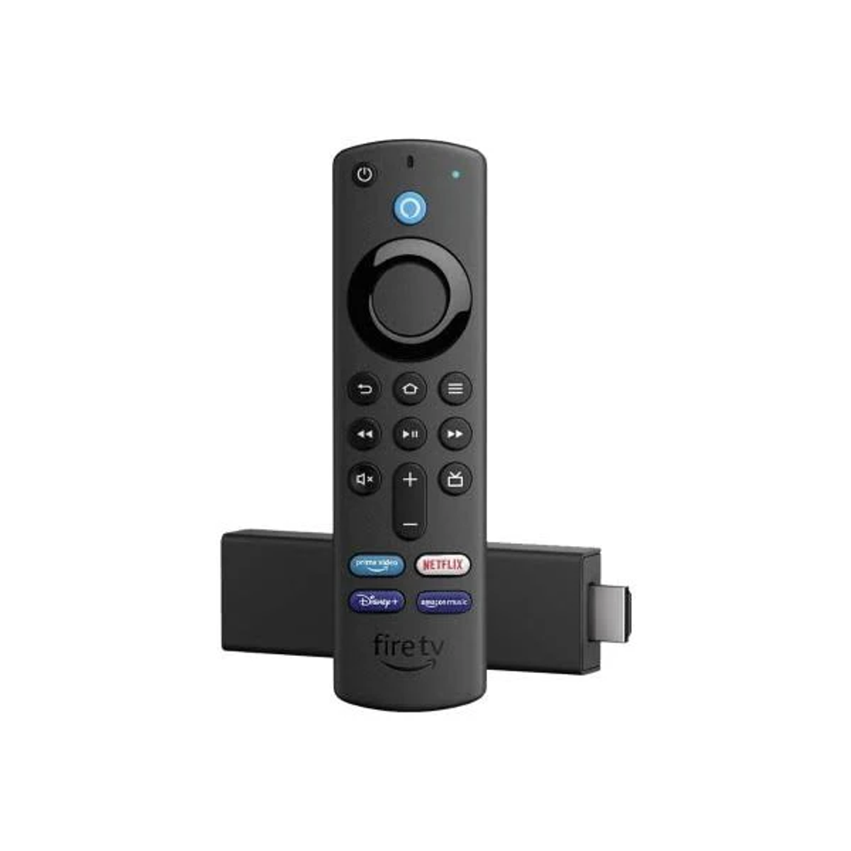 Eine schwarze Fire TV Fernbedienung und das Streaming-Gerät, mit sichtbar Fire TV Logo.