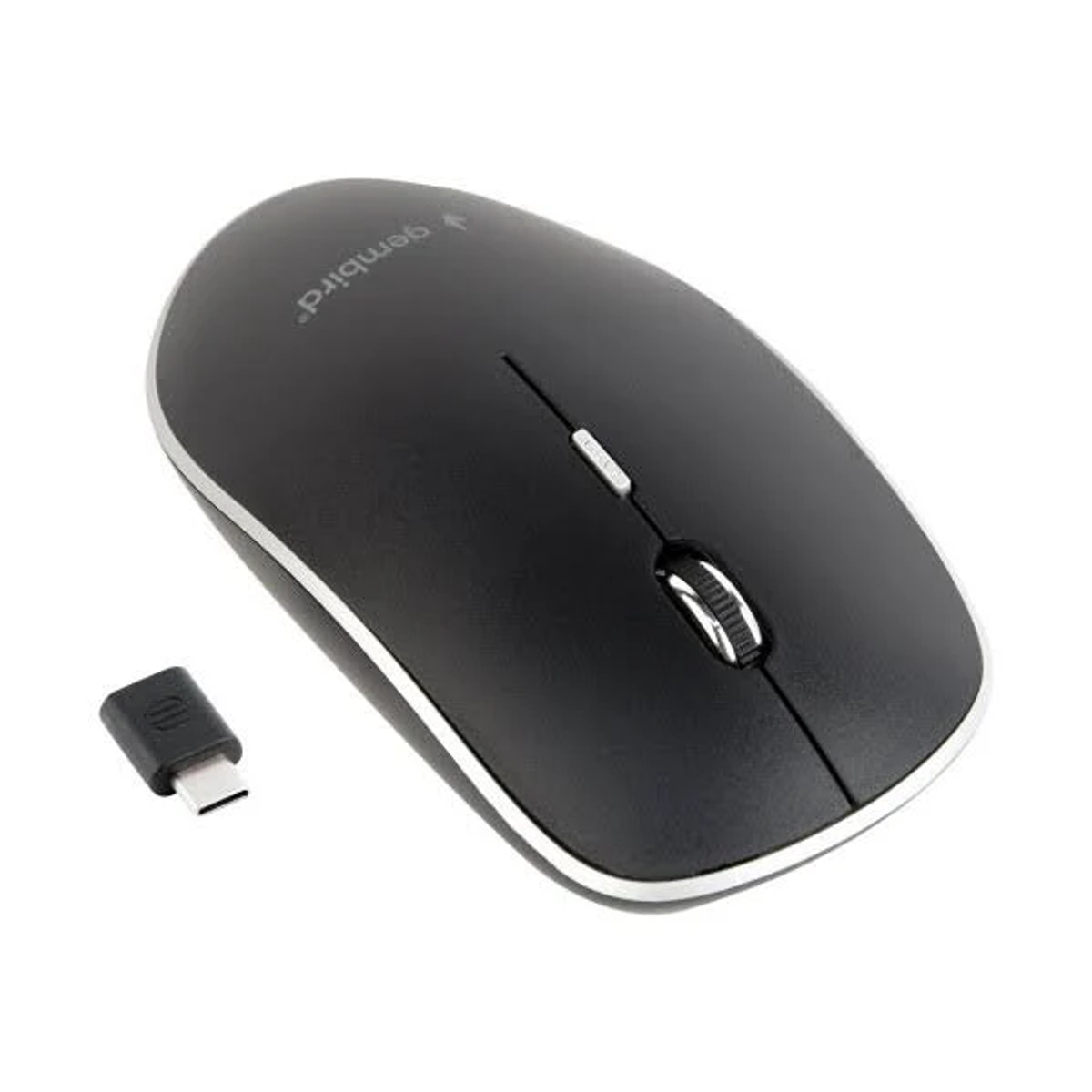 Schwarze drahtlose Maus mit USB-Empfänger.