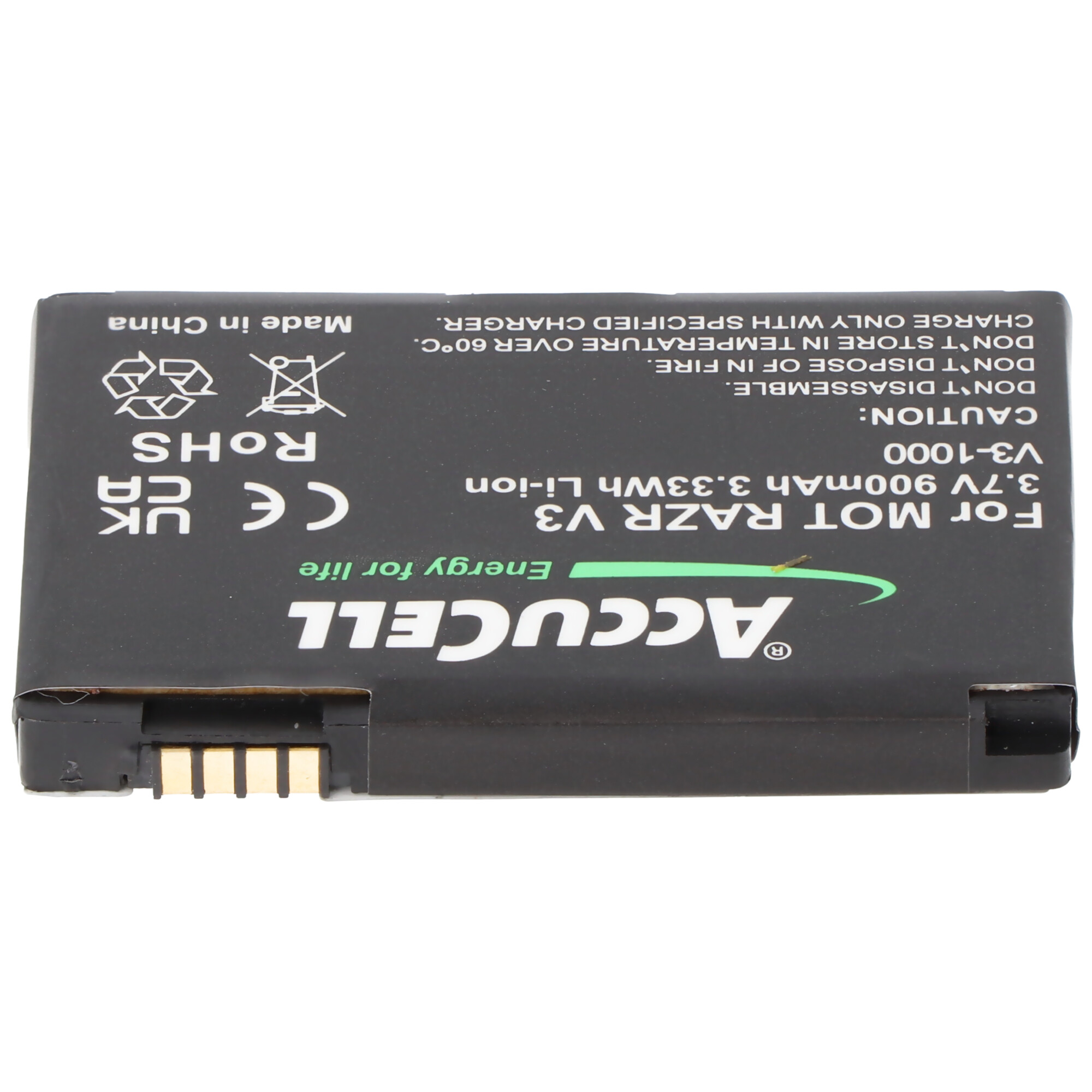 Schwarze Batterie mit Text: 3,7 V 9000 mAh Li-Ionen, Vorsicht. Hergestellt in China. Accucell.