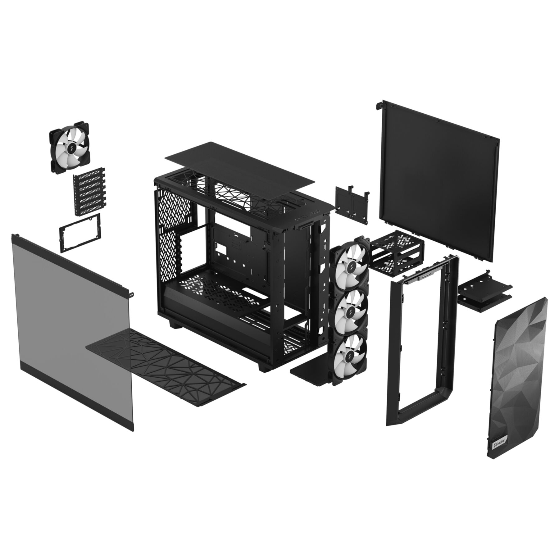 Explosionszeichnung eines schwarzen Computergehäuses, alle Komponenten. Weißer Hintergrund.