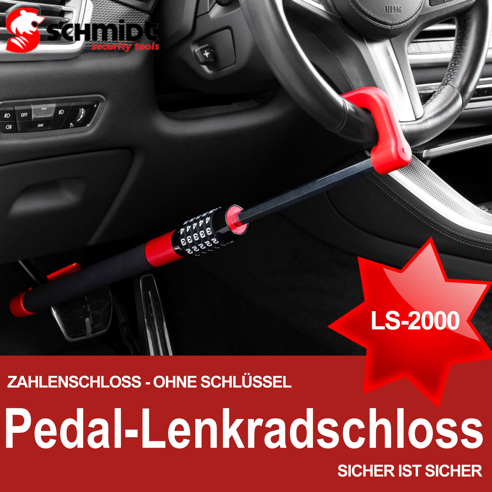 Lenkradschloss, SECURITY Mehrfarbig TOOLS LS-2000 SCHMIDT Diebstahlsicherung Pedalschloss Pedal-Lenkradschloss