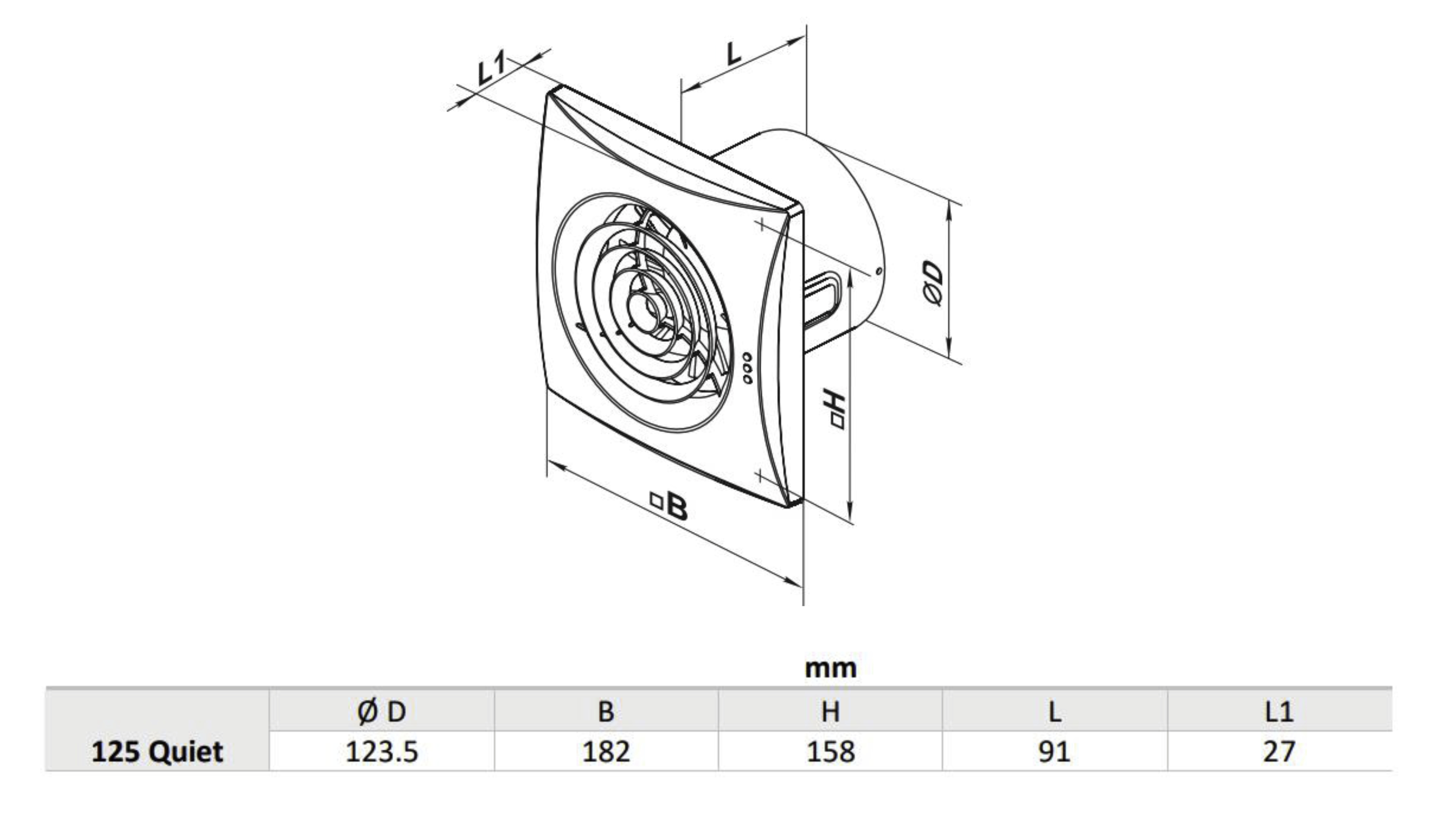Diagramm eines quadratischen Lüfterventilators mit beschrifteten Abmessungen.