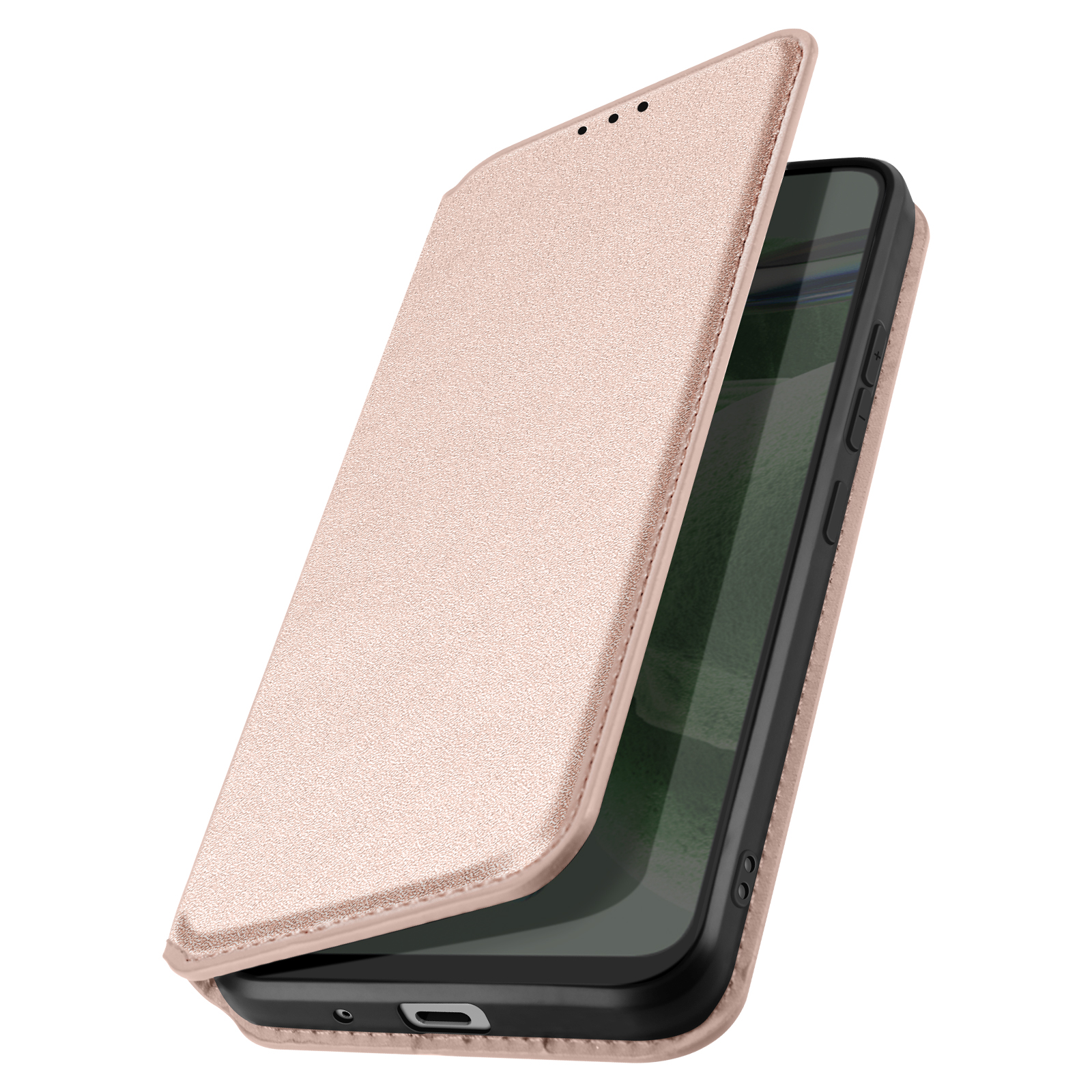 Custodia rosa per telefono con coperchio superiore aperto, rivelando lo schermo.
